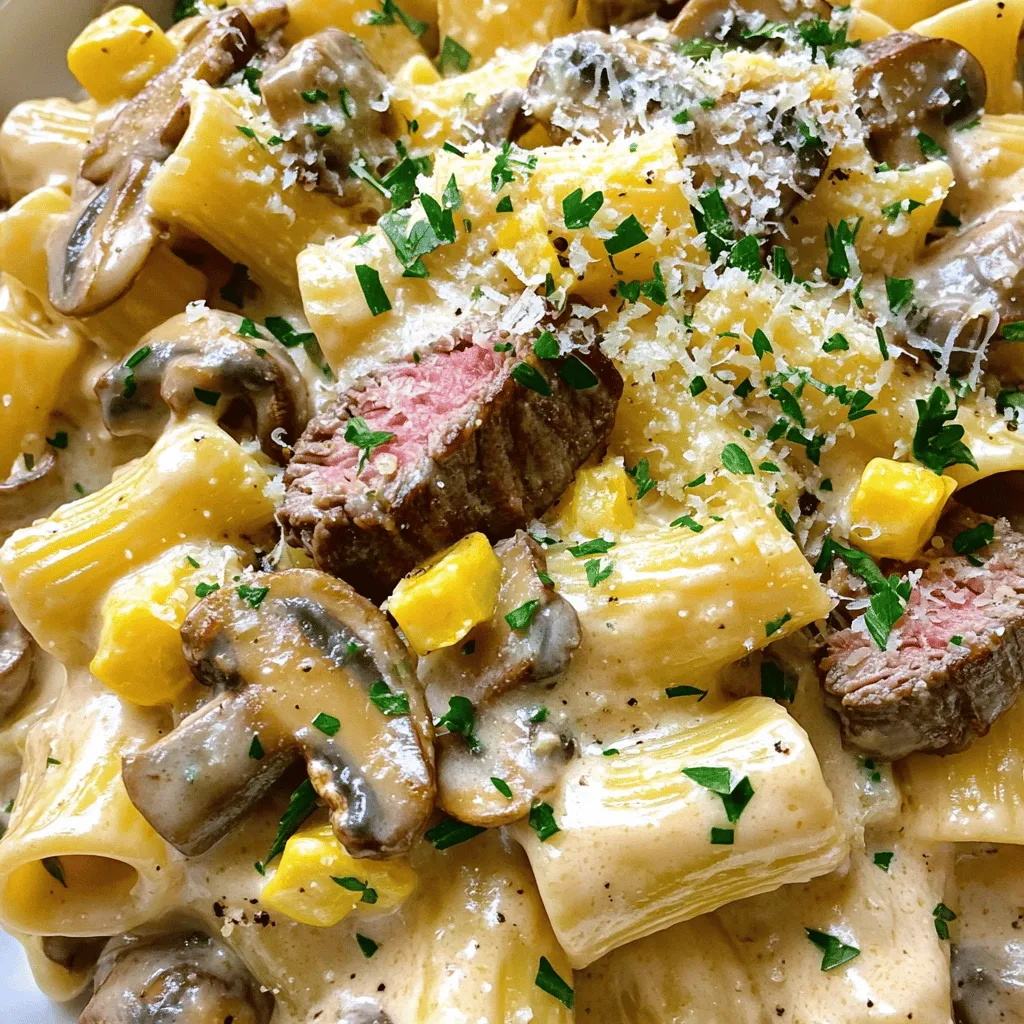 What are the key ingredients for this dish? The main ingredients for this creamy steak rigatoni recipe include rigatoni pasta, ribeye steak, and cremini mushrooms. You also need a small yellow onion, garlic, heavy cream, and beef broth. Worcestershire sauce, Dijon mustard, olive oil, and unsalted butter add depth. Lastly, Parmesan cheese, salt, and pepper enhance flavor.