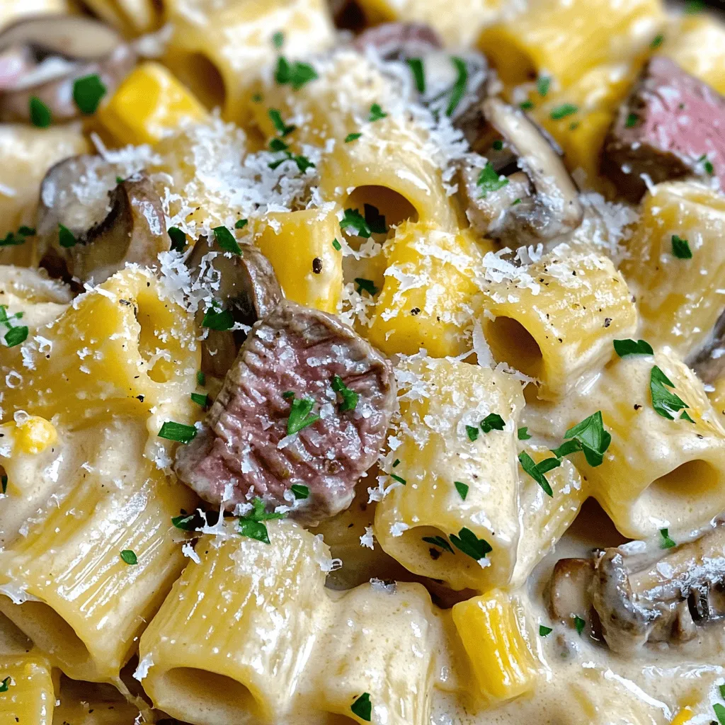 What are the key ingredients for this dish? The main ingredients for this creamy steak rigatoni recipe include rigatoni pasta, ribeye steak, and cremini mushrooms. You also need a small yellow onion, garlic, heavy cream, and beef broth. Worcestershire sauce, Dijon mustard, olive oil, and unsalted butter add depth. Lastly, Parmesan cheese, salt, and pepper enhance flavor.