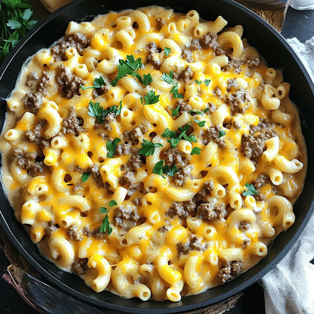 To make Easy Homemade Hamburger Helper, you need some key ingredients. First, gather <strong>1 pound of ground beef</strong> or turkey. This meat forms the base of your meal. Next, you need <strong>2 cups of pasta</strong>. Elbow macaroni works great, but any small pasta will do.” /></p>
</p>
<h2>What Variations Can You Make with Hamburger Helper?</h2>
</p>
<p>You can make easy homemade Hamburger Helper even better with fun variations. First, think about adding vegetables or other proteins. You can toss in diced bell peppers, spinach, or even zucchini. These veggies add color and nutrients. For protein, try using ground turkey or chicken instead of beef. This keeps the meal light yet tasty.</p>
</p>
<p>Next, let’s talk about adjusting sauces for different flavors. You can switch beef broth for chicken broth. This change gives a new taste. Adding a splash of hot sauce or BBQ sauce can kick up the flavor too. If you want a creamy twist, consider adding cream cheese or sour cream. This makes a rich, creamy pasta dish everyone will love.</p>
</p>
<p>Meal prep variations are a smart way to save time. You can double the recipe and freeze half for later. This gives you a quick dinner option on busy nights. Additionally, try making single-serve portions in small containers. Just heat and eat when you need a meal. These customizable dinner options make cooking fun and stress-free.</p>
</p>
<h2>How Can You Serve and Garnish Your Hamburger Helper?</h2>
</p>
<p>Serving Hamburger Helper can be fun and creative. You can make it look great on the plate while keeping it simple. Here are my best tips.</p>
</p>
<h3>Ideal Pairings and Side Dishes</h3>
</p>
<p>Hamburger Helper goes well with many sides. A fresh green salad adds crunch and color. You can mix greens like romaine or spinach with cherry tomatoes and cucumbers. Garlic bread or dinner rolls are perfect too. They soak up the cheese sauce. You can also serve it with steamed veggies. Broccoli or carrots bring a nice touch of color and health.</p>
</p>
<h3>Fun Serving Suggestions for Kids</h3>
</p>
<p>Kids love fun in their meals. Serve the Hamburger Helper in colorful bowls. You can let them add toppings like extra cheese or sliced olives. Use cookie cutters to shape garlic bread into fun forms. This makes them excited to eat. You could even create a DIY topping bar. Let kids pick their favorite toppings. This makes dinner fun and interactive.</p>
</p>
<h3>Decorative Presentation Tips</h3>
</p>
<p>A nice presentation makes food more appealing. Start with a clean plate. Use a large spoon to serve the Hamburger Helper. Add a sprinkle of cheese on top for a tasty look. Fresh parsley not only adds a pop of color but also gives a nice flavor. You can also place a slice of garlic bread beside the bowl. This adds warmth and makes the dish feel special.</p>
</p>
<p>By focusing on these tips, you can turn a simple meal into a feast that your family will enjoy. For the full recipe, check out the Cheesy One-Pan Hamburger Helper.</p>
</p>
<p><img decoding=