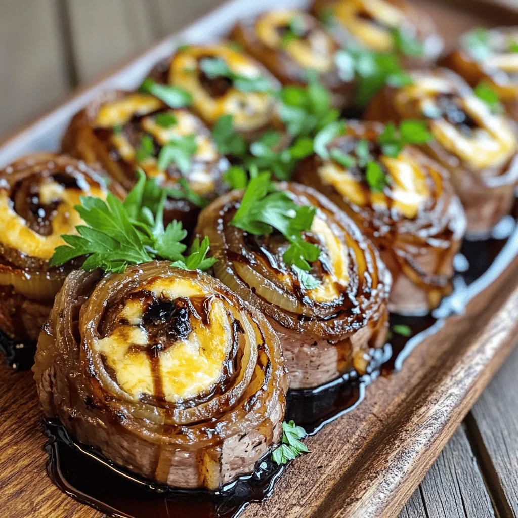 To make French onion steak pinwheels, you need a few key ingredients. First, use 1 pound of flank steak. This cut works well because it’s tender when cooked right. Next, you need one large onion. Slice it thin for even cooking. Olive oil helps caramelize the onions, giving them a sweet flavor.