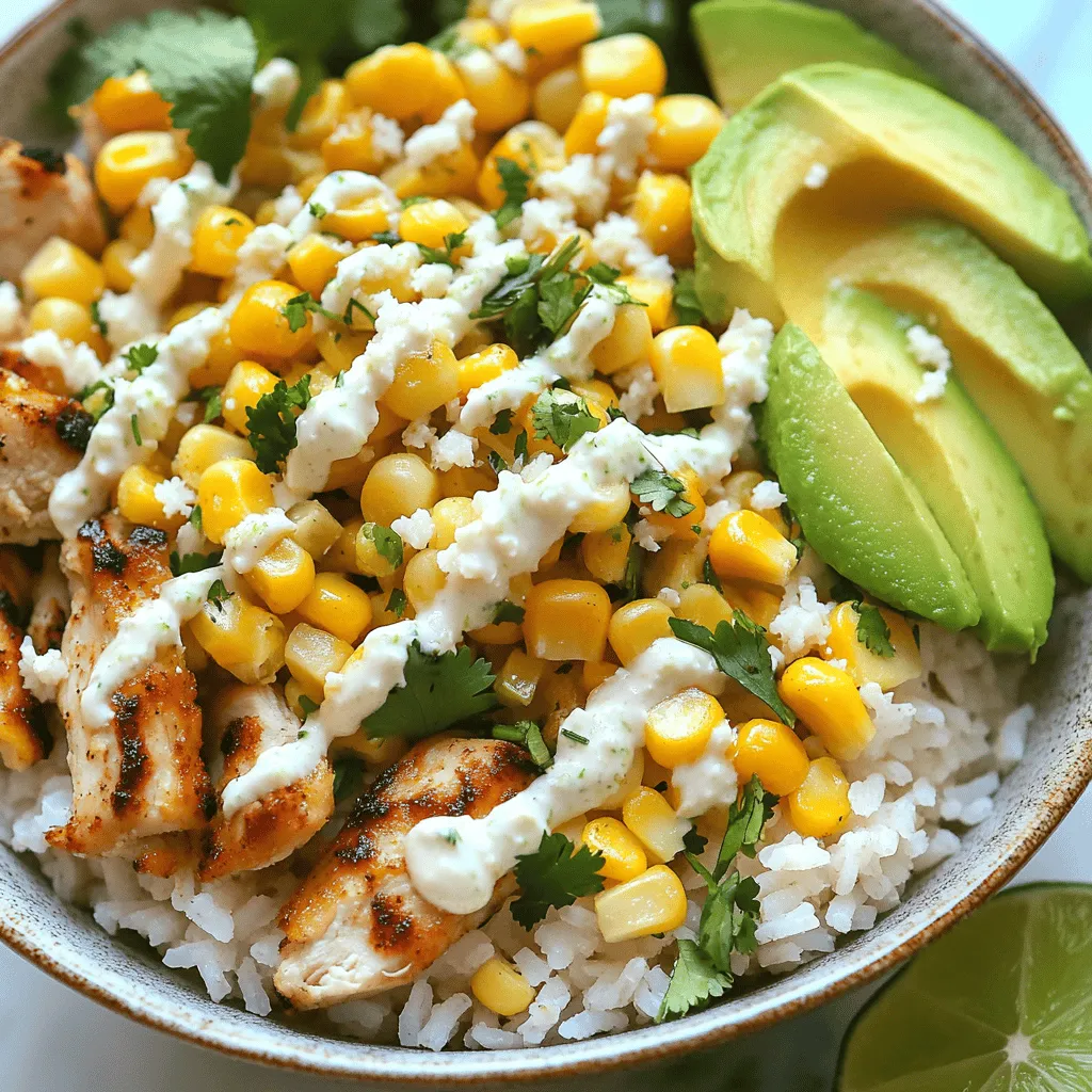 To make a street corn chicken rice bowl, you need a few key ingredients. First, choose your rice. I love using jasmine rice for its fluffy texture and nice aroma. It pairs well with the other flavors in this dish.