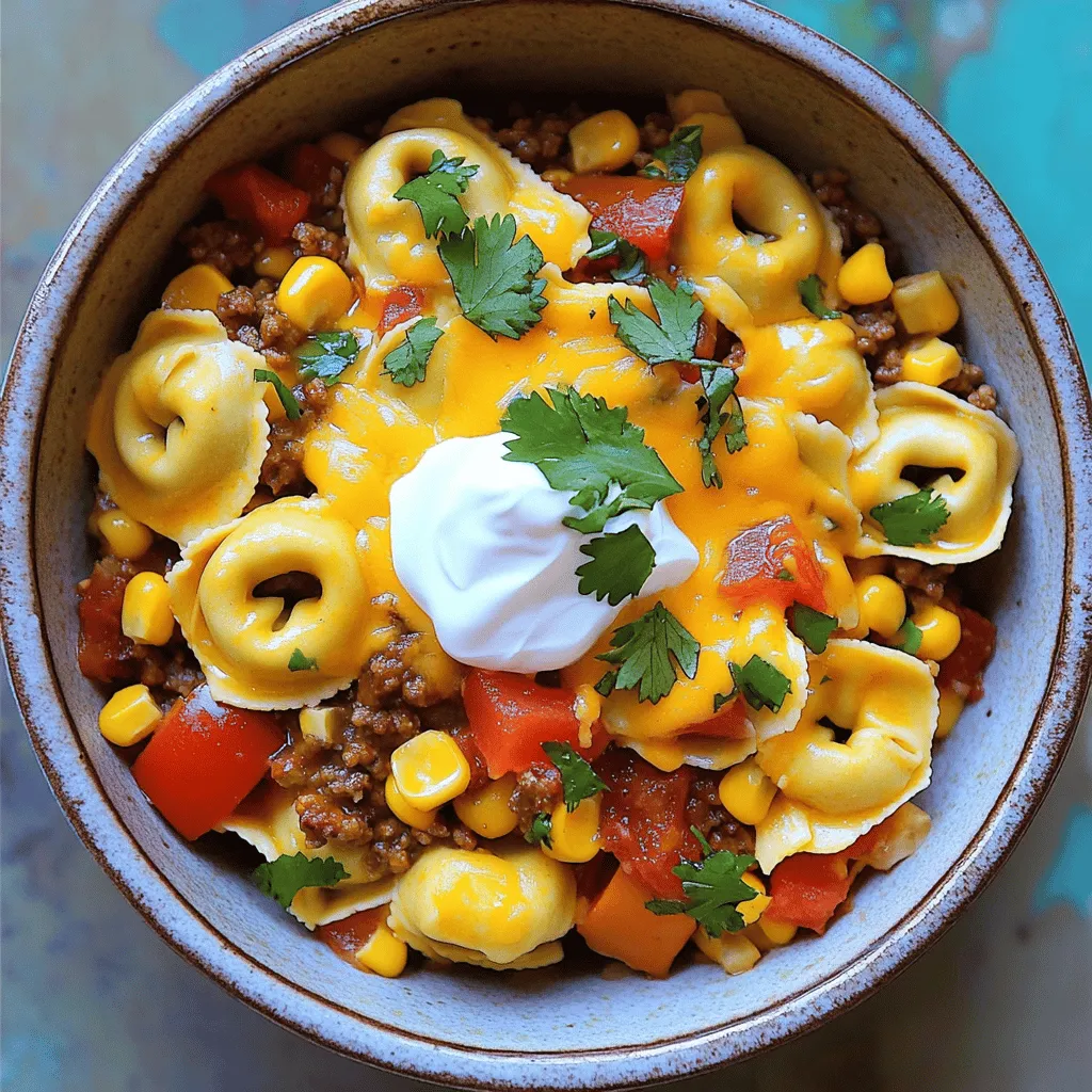To make Taco Tortellini, you need a few simple steps. First, gather your ingredients. For this taco tortellini recipe, you'll need cheese tortellini, ground beef or turkey, onion, garlic, bell pepper, diced tomatoes, black beans, corn, taco seasoning, chicken broth, cheddar cheese, and cilantro. Each item adds its own special touch to this dish.