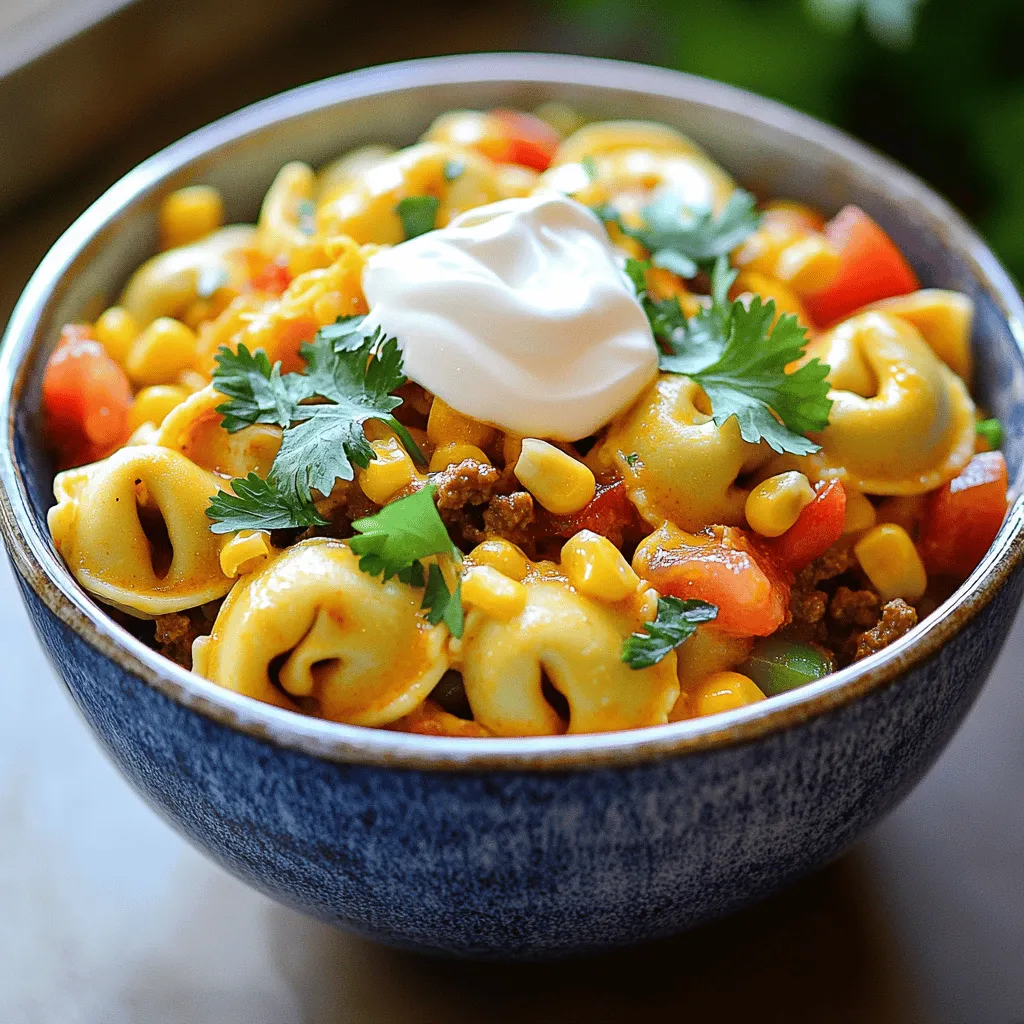 To make Taco Tortellini, you need a few simple steps. First, gather your ingredients. For this taco tortellini recipe, you'll need cheese tortellini, ground beef or turkey, onion, garlic, bell pepper, diced tomatoes, black beans, corn, taco seasoning, chicken broth, cheddar cheese, and cilantro. Each item adds its own special touch to this dish.