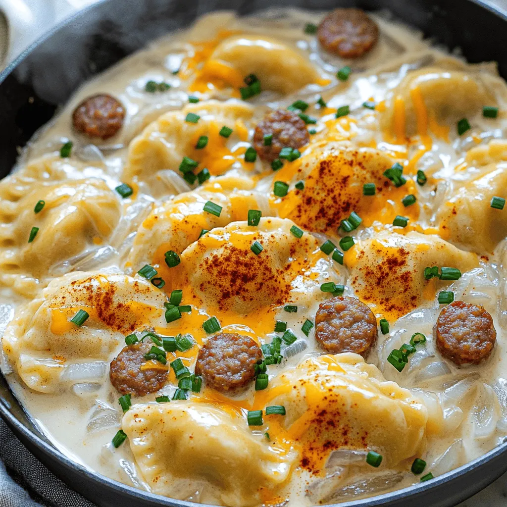 To make a creamy pierogi and turkey sausage skillet, you need a few key items. Start with a package of frozen pierogi, about 16 ounces. You can choose cheese and potato or your favorite filling. You also need one pound of turkey sausage, sliced into rounds. A medium onion, chopped, adds great flavor. Don’t forget two cloves of garlic, minced, for a nice kick. You’ll also need one cup of heavy cream and half a cup of chicken broth. For cheese lovers, one cup of shredded sharp cheddar cheese is a must. Lastly, grab one tablespoon of olive oil, one teaspoon of smoked paprika, and season with salt and pepper. Fresh chives, chopped, are perfect for garnishing.