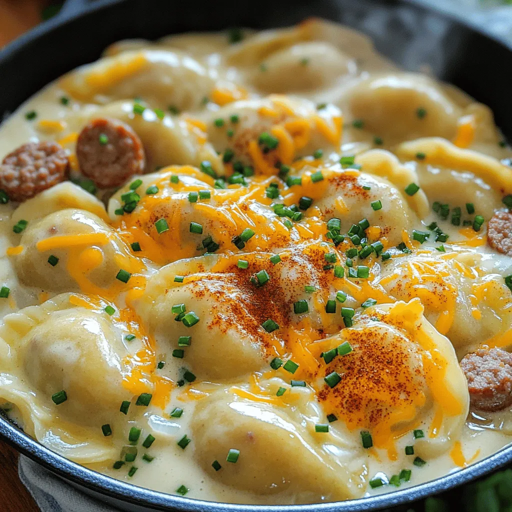 To make a creamy pierogi and turkey sausage skillet, you need a few key items. Start with a package of frozen pierogi, about 16 ounces. You can choose cheese and potato or your favorite filling. You also need one pound of turkey sausage, sliced into rounds. A medium onion, chopped, adds great flavor. Don’t forget two cloves of garlic, minced, for a nice kick. You’ll also need one cup of heavy cream and half a cup of chicken broth. For cheese lovers, one cup of shredded sharp cheddar cheese is a must. Lastly, grab one tablespoon of olive oil, one teaspoon of smoked paprika, and season with salt and pepper. Fresh chives, chopped, are perfect for garnishing.