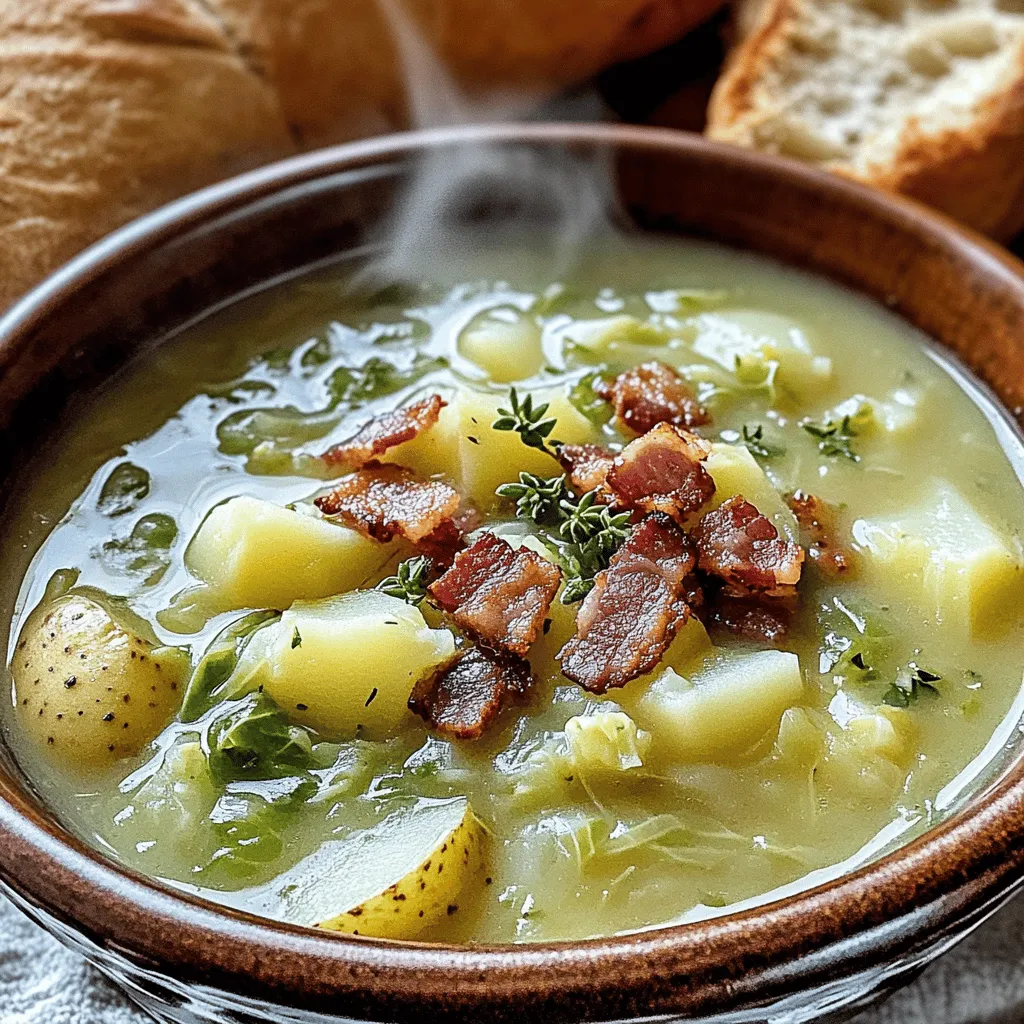 Irish Bacon, Cabbage, and Potato Soup is a warm hug in a bowl. The key ingredients make this soup rich and flavorful.