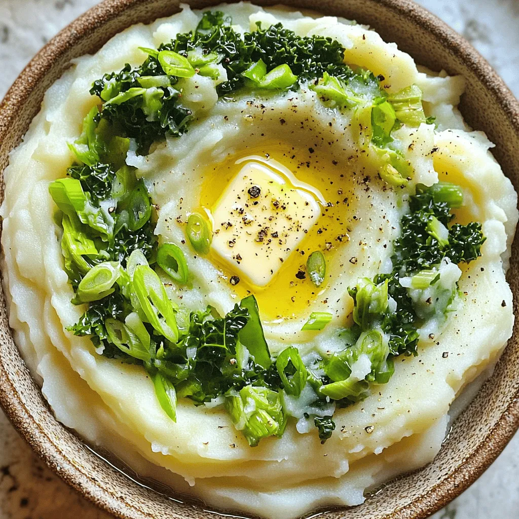 The main ingredients for colcannon are simple yet flavorful. You start with potatoes, usually Russet or Yukon Gold. These potatoes have the right texture for a creamy mash. You will need about 1 pound or 450 grams.