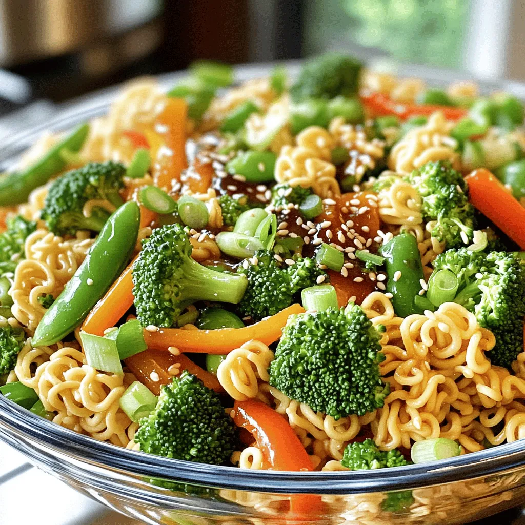To make a great ramen noodle stir fry, you need simple, fresh ingredients. Start with two packs of instant ramen noodles. Discard the seasoning packets; you won’t need them. Next, gather your veggies. I love using broccoli, bell peppers, carrots, and snap peas. These add color and crunch.