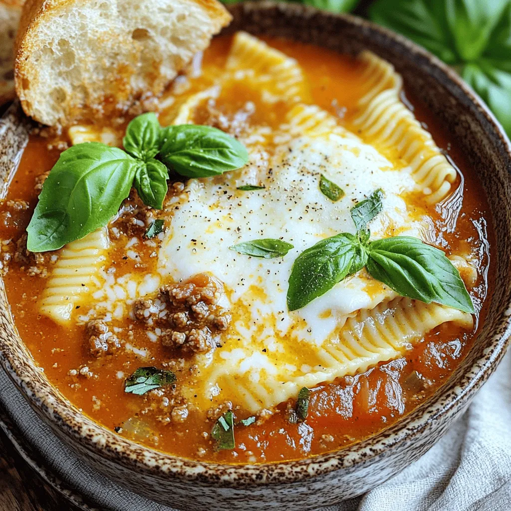 To make this easy lasagna soup, gather these simple ingredients: - 1 tablespoon olive oil - 1 medium onion, diced - 3 cloves garlic, minced - 1 pound ground beef or Italian sausage - 1 can (28 ounces) crushed tomatoes - 4 cups chicken or vegetable broth - 2 teaspoons dried oregano - 2 teaspoons dried basil - 1/2 teaspoon red pepper flakes (optional) - 8 ounces lasagna noodles, broken into pieces - 1 cup ricotta cheese - 1 cup shredded mozzarella cheese - 1/2 cup grated Parmesan cheese - Salt and pepper to taste - Fresh basil or parsley for garnish If you need to swap some ingredients, here are great options: - Use turkey or chicken instead of ground beef or sausage. - Use canned tomato sauce if you don't have crushed tomatoes. - Swap chicken broth for vegetable broth for a vegetarian version. - Use gluten-free pasta for a gluten-free option. - Replace ricotta cheese with cottage cheese, if you prefer. - Use fresh herbs if you have them instead of dried herbs. To cook this soup, you will need these tools: - A large pot or Dutch oven - A wooden spoon for stirring - A cutting board and knife for chopping - Measuring cups and spoons for accuracy - A ladle for serving the soup - Bowls for serving and garnishing This easy lasagna soup recipe is perfect for any day. The ingredients are easy to find, and you can make it your own. Try it out! For the full recipe, check the section above. 1. Gather all your ingredients. This makes cooking easier and quicker. 2. Dice your onion and mince your garlic. Fresh ingredients add great flavor. 3. Break your lasagna noodles into smaller pieces. This helps them cook well in the soup. 1. Heat the olive oil in a large pot over medium heat. 2. Add the diced onion. Cook for 3-4 minutes until it softens. 3. Stir in the minced garlic for 1 minute until it smells good. 4. Add the ground beef or sausage. Cook it until it turns brown, about 5-7 minutes. 5. Pour in the crushed tomatoes and broth. Add oregano, basil, and red pepper flakes. 6. Stir everything together and bring it to a simmer. 7. Add the broken lasagna noodles. Cook until they're al dente, about 8-10 minutes. 8. Lower the heat and stir in the ricotta cheese until it's mixed well. 9. Season with salt and pepper to taste. 1. Ladle the soup into bowls. 2. Top each bowl with shredded mozzarella and Parmesan cheese. 3. Garnish with fresh basil or parsley for some color. 4. Serve with crunchy garlic bread on the side for extra yum. For the full recipe, check the sections above. Enjoy your tasty Easy Lasagna Soup! To make your soup stand out, use fresh herbs. Fresh basil or parsley adds a great taste. When cooking the meat, make sure it is browned well. That helps add depth to the flavor. Stir the soup often while cooking. This keeps everything mixed and helps the noodles cook evenly. For a creamier soup, mix in an extra scoop of ricotta before serving. It adds richness that everyone will love. One common mistake is overcooking the noodles. They can turn mushy if you let them boil too long. Always add the noodles last and watch the time closely. Another mistake is not seasoning the soup enough. Taste it as you cook and adjust the salt and pepper. Lastly, don’t skip on the cheese. It is key to a tasty lasagna soup. Use high-quality mozzarella and Parmesan for the best flavor. Serve your Easy Lasagna Soup hot in deep bowls. Top each bowl with a sprinkle of mozzarella and Parmesan. Fresh herbs on top add color and flavor. Pair it with garlic bread for a complete meal. A simple side salad can also balance the richness. If you want to impress, drizzle a little olive oil on top before serving. For the full recipe, check the Easy Lasagna Soup section above. {{image_2}} You can easily make this soup meat-free. Replace the ground beef or sausage with mushrooms or lentils. Mushrooms add a nice, earthy flavor. Lentils bring protein and texture. Use the same amount as the meat in the recipe. If you need a gluten-free version, swap the lasagna noodles for gluten-free pasta. You can find many types, like rice or corn pasta. Just make sure to follow the cooking time on the package. This keeps your soup delicious and safe for those with gluten issues. Want to boost the flavor? You can add fresh herbs like thyme or rosemary. A splash of balsamic vinegar gives a nice tang. For a bit of heat, toss in some diced jalapeños or a dash of hot sauce. Each of these changes makes your Easy Lasagna Soup even more exciting. Try these variations to find your favorite twist on this dish! For the complete guide, check the Full Recipe. To store Easy Lasagna Soup, let it cool first. Use an airtight container for best results. Make sure to keep it in the fridge. It stays fresh for up to three days. If you want to keep it longer, consider freezing it. When you're ready to enjoy leftovers, use the stove or microwave. For the stove, pour the soup into a pot. Heat it over medium until warm, stirring often. For the microwave, use a safe bowl and heat in short bursts. Stir in between to ensure even heating. To freeze Easy Lasagna Soup, make sure it’s cooled completely. Pour the soup into freezer-safe bags or containers. Label them with the date. It can last for up to three months in the freezer. When you’re ready to eat, thaw it overnight in the fridge. Reheat it as mentioned before, and enjoy! For a full recipe, check out the Easy Lasagna Soup section above. Yes, you can make Easy Lasagna Soup ahead of time. This soup tastes even better the next day. Just store it in an airtight container in the fridge. When you’re ready to eat, heat it on the stove or in the microwave. If you cook the noodles separately, they stay firm. Then, add them when you serve the soup. I love serving this soup with crunchy garlic bread. The bread soaks up the flavors well. A fresh salad also works great. Try a simple green salad with a light vinaigrette. You can also add some roasted veggies for a healthy twist. Absolutely! You can use ground turkey or chicken instead of beef or sausage. If you prefer no meat, try adding extra veggies. Spinach, mushrooms, or zucchini work well. You can also use a plant-based meat for a tasty option. This blog post shared how to make Easy Lasagna Soup from start to finish. We covered key ingredients, cooking steps, and handy tips. You now know about ingredient swaps and storage tips. There are fun variations, too, for everyone’s taste. Keep these details in mind for a delicious soup. It’s an easy dish that warms hearts and bellies. Get creative and enjoy every bowlful!