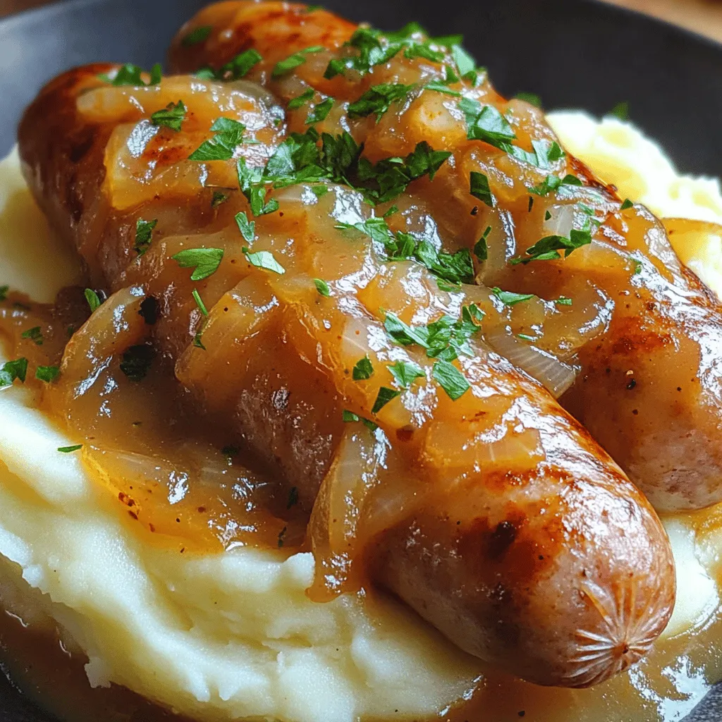 - 4 pork sausages (any flavor) - 1 pound (450g) of russet potatoes, peeled and chopped - 1/2 cup (120ml) whole milk - 1/4 cup (60g) unsalted butter - 1 tablespoon olive oil - 1 onion, thinly sliced - 2 cloves garlic, minced - 1 cup (240ml) low-sodium chicken broth - 1 tablespoon Dijon mustard - 1 tablespoon fresh parsley, chopped - Salt and pepper to taste