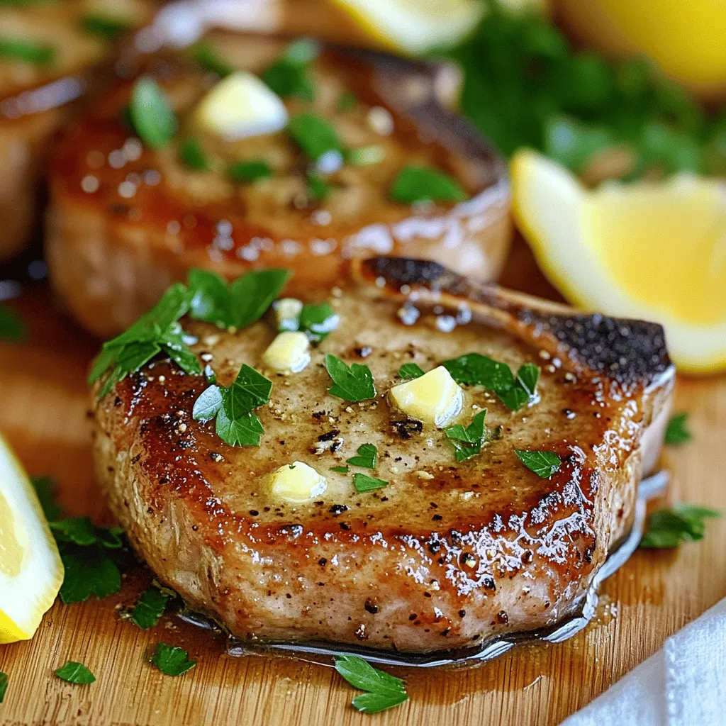 - 4 bone-in pork chops (about 1-inch thick) - Salt and pepper to taste - 2 tablespoons olive oil - 4 tablespoons unsalted butter - 4 cloves garlic, minced - 1 teaspoon fresh thyme leaves (or 1/2 teaspoon dried thyme) - 1 tablespoon fresh parsley, chopped for garnish - Lemon wedges, for serving