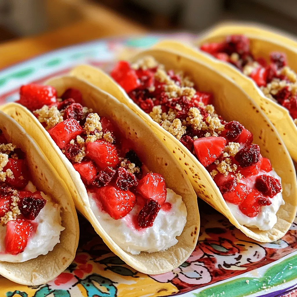 - 1 cup graham cracker crumbs - 1/2 cup crushed freeze-dried strawberries - 1/4 cup unsalted butter, melted - 8 oz cream cheese, softened - 1/2 cup powdered sugar - 1 tsp vanilla extract - 1 cup heavy whipping cream - 2 cups fresh strawberries, hulled and diced - Taco shells (mini or regular size)