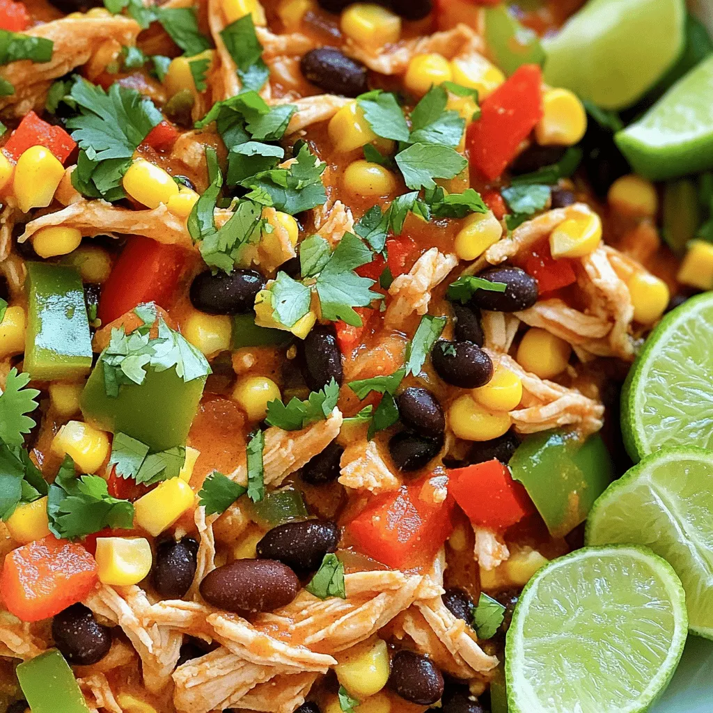 - 4 boneless, skinless chicken breasts - 1 can (15 oz) black beans, drained and rinsed - 1 can (15 oz) corn, drained - 1 can (14.5 oz) diced tomatoes with green chilies - 1 red bell pepper, diced - 1 green bell pepper, diced - 1 onion, finely chopped - 2 cloves garlic, minced