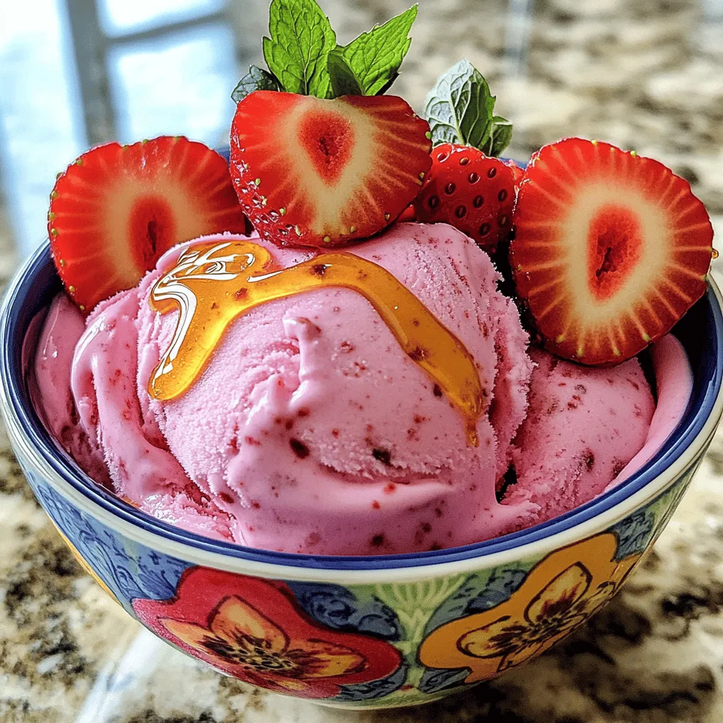 To make Refreshing Berry Bliss Strawberry Frozen Yogurt, you'll need: - 2 cups fresh strawberries, hulled and halved - 1 cup plain Greek yogurt - ½ cup honey or maple syrup (adjust to taste) - 1 tablespoon fresh lemon juice - 1 teaspoon vanilla extract - A pinch of salt - Optional: Fresh mint leaves for garnish