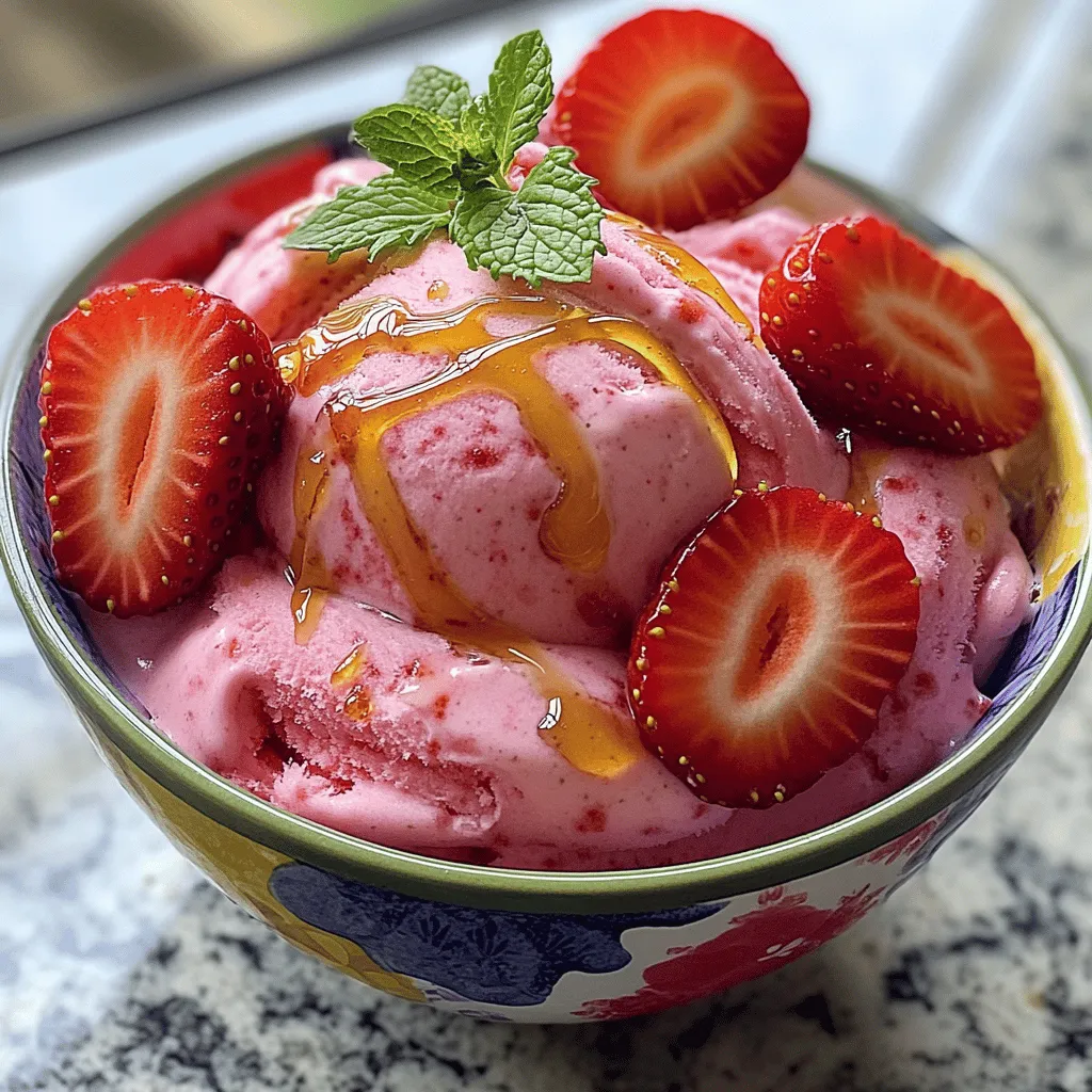 To make Refreshing Berry Bliss Strawberry Frozen Yogurt, you'll need: - 2 cups fresh strawberries, hulled and halved - 1 cup plain Greek yogurt - ½ cup honey or maple syrup (adjust to taste) - 1 tablespoon fresh lemon juice - 1 teaspoon vanilla extract - A pinch of salt - Optional: Fresh mint leaves for garnish