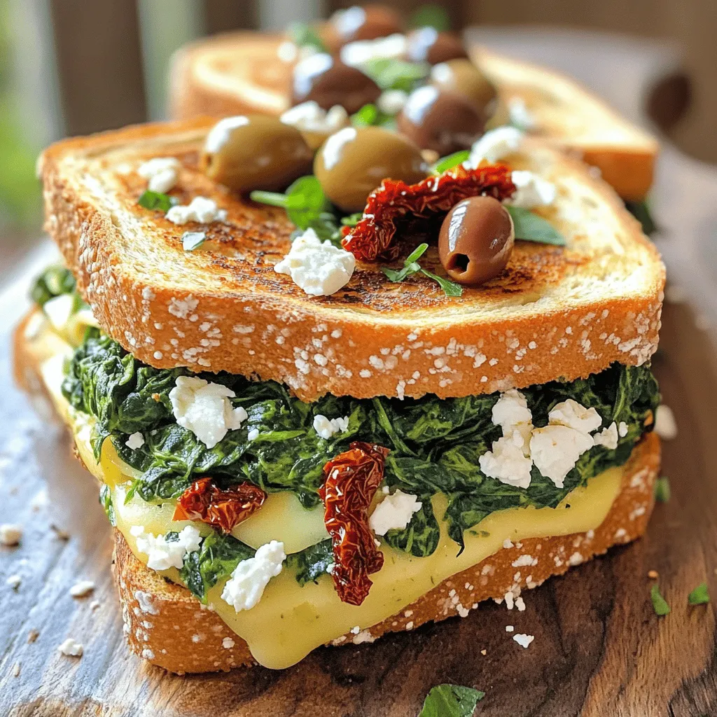 For a tasty Mediterranean Spinach Grilled Cheese, you need these main ingredients: - 4 slices of sourdough bread - 1 cup fresh spinach, chopped - 1/2 cup feta cheese, crumbled - 1/2 cup mozzarella cheese, shredded - 1/4 cup sun-dried tomatoes, chopped - 2 tablespoons Kalamata olives, pitted and sliced