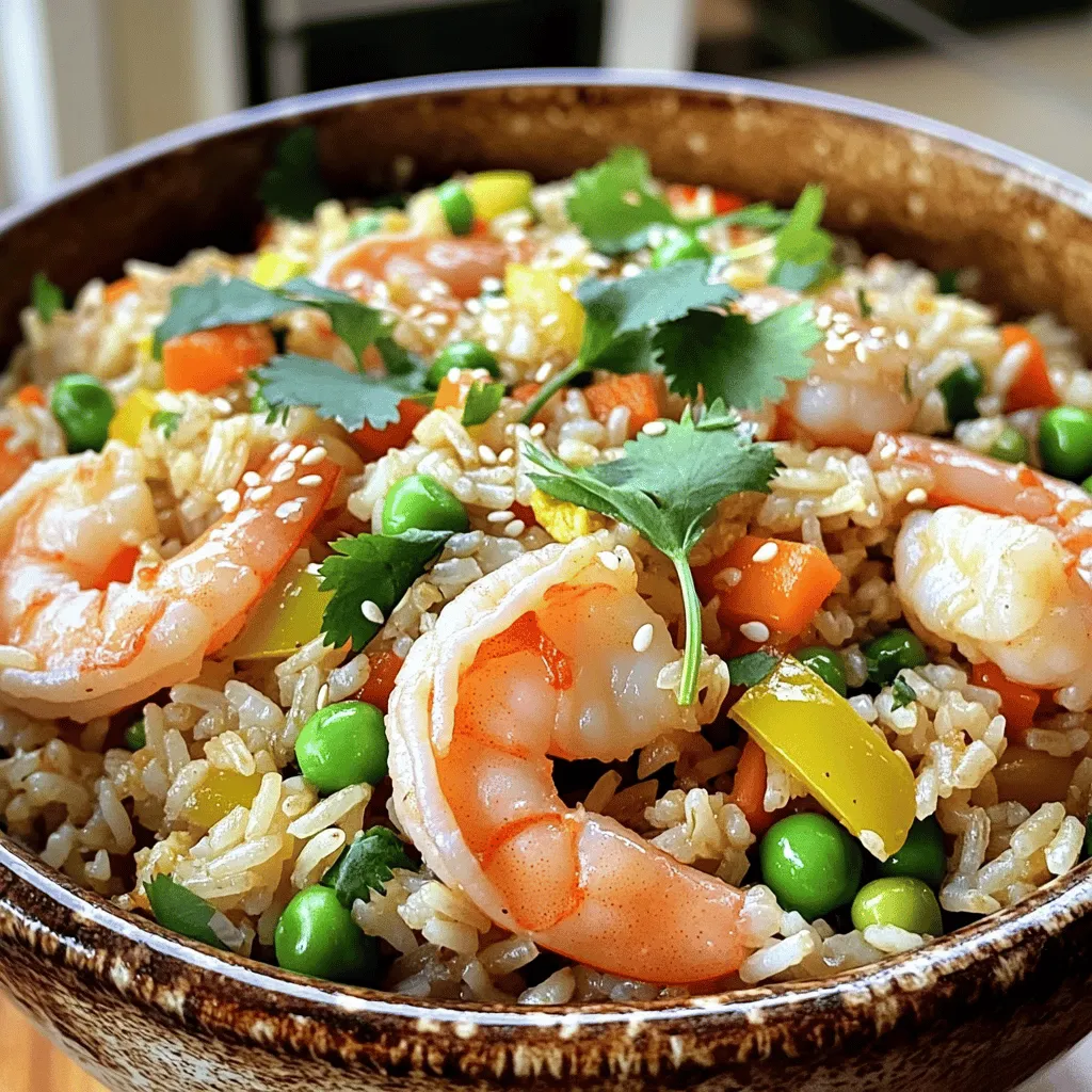 - 2 cups cooked jasmine rice (preferably day-old) - 1 pound shrimp, peeled and deveined - 2 tablespoons vegetable oil - 3 green onions, chopped (whites and greens separated) - 2 garlic cloves, minced - 1 small bell pepper, diced (any color) - ½ cup frozen peas and carrots mix - 2 large eggs, beaten - 3 tablespoons soy sauce - 1 tablespoon oyster sauce (optional) - 1 teaspoon sesame oil - Salt and pepper to taste - Fresh cilantro for garnish (optional) Using cooked jasmine rice is key for great shrimp fried rice. This rice has a nice texture and aroma. Day-old rice works best because it dries out a bit. This helps prevent clumping. Fresh rice can be too sticky. If you use fresh rice, spread it out on a tray to cool. This will help it dry out before cooking. You can swap some ingredients if you want. For shrimp, you can use chicken or tofu for a different taste. Green onions can be replaced with chives or shallots. Instead of soy sauce, low-sodium soy sauce works well. If you like spice, add some Sriracha or chili flakes. Don’t have peas and carrots? Use any mixed veggies you have on hand. Be creative! Start by preparing your ingredients. I like using day-old jasmine rice. It holds its shape better. If you use fresh rice, spread it on a baking sheet to cool. This helps it dry out a bit. Gather your shrimp, chopped green onions, garlic, bell pepper, peas, and carrots. Having everything ready makes cooking faster and easier. Heat a large skillet or wok over medium-high heat. Add one tablespoon of vegetable oil. Once hot, add your shrimp. Season them with a pinch of salt and pepper. Sauté the shrimp for about 2-3 minutes. They should turn pink and opaque. When they are done, take the shrimp out of the skillet and set them aside. In the same skillet, pour in another tablespoon of vegetable oil. Wait until it heats up. Then, toss in the white parts of the green onions, garlic, and bell pepper. Stir-fry these for about 2 minutes. You want them to become tender but still crisp. Now, push the vegetable mix to one side of the skillet. Pour the beaten eggs into the empty side. Scramble them until they are fully cooked. This adds a great texture to your dish. Next, add your cooked rice to the skillet. Then, put the shrimp back in. Pour in the soy sauce and the oyster sauce if you like it. Mix everything well to coat the rice with the sauces. Cook for another 3-5 minutes. This step allows the rice to get a little crispy at the bottom. Finally, drizzle some sesame oil on top and add the green parts of the chopped green onions. Taste and adjust the seasoning with salt and pepper as needed. Serve your shrimp fried rice warm and enjoy! For the complete recipe, check the Full Recipe section. To get great fried rice, start with cold rice. Day-old jasmine rice works best. Cold rice stays firm and does not clump. Freshly cooked rice can be used, but cool it on a baking sheet. This step helps dry the rice out a bit. When cooking, avoid stirring too much. This keeps the grains separate and gives a nice texture. Using the right tools makes a big difference. A large skillet or wok gives you room to stir. A spatula helps you move the rice easily without breaking it apart. I also recommend a sharp knife for chopping veggies. A cutting board keeps your workspace clean and safe. Lastly, a good bowl for mixing eggs makes scrambling easier. Many people make mistakes that can ruin fried rice. One common mistake is using hot rice. This leads to mushy fried rice. Another mistake is overcooking the shrimp. Keep an eye on them; they only need 2-3 minutes. Forgetting to season properly can also dull the flavor. Always taste and adjust salt and pepper before serving. {{image_2}} You can easily change up the shrimp fried rice by adding different proteins. Chicken, beef, or pork work great. Just cook them the same way as the shrimp. Ensure they are fully cooked before adding them to the rice. You can also try tofu for a nice plant-based option. If you want a vegetarian twist, skip the shrimp. Use more vegetables like mushrooms, zucchini, or broccoli. Add extra protein with chickpeas or edamame. This keeps your meal filling and delicious. For a spicy kick, add chili paste or sriracha when cooking. You can also include diced jalapeños or red pepper flakes. Both add great heat to your dish. Just adjust the amount based on your spice level preference. For a full recipe, check out the Shrimp Fiesta Fried Rice. Enjoy experimenting! You can store leftover shrimp fried rice in an airtight container. Make sure it cools down first. Place it in the fridge if you plan to eat it within three days. For longer storage, consider freezing it. When you reheat shrimp fried rice, add a splash of water. This keeps the rice moist. Use a skillet over medium heat. Stir often to heat it evenly. You can also microwave it with a damp paper towel on top. This will help trap steam and keep your rice fluffy. To freeze shrimp fried rice, portion it into freezer-safe bags. Remove as much air as possible before sealing. It can stay fresh for up to three months in the freezer. When you want to use it, take it out and let it thaw overnight in the fridge. Reheat it on the stove or microwave. This will keep the taste and texture close to fresh. For more cooking details, check out the Full Recipe. Yes, you can use frozen shrimp. Just remember to thaw them first. Place them in cold water for about 10 to 15 minutes. This makes them easier to cook. You can also use shrimp straight from the freezer, but cooking time may increase. Jasmine rice is the best choice. It has a nice texture and flavor. Using day-old rice is ideal. It dries out a bit, which helps prevent mushy fried rice. If you use fresh rice, spread it on a baking sheet to cool first. To make this dish healthier, try these tips: - Use brown rice instead of white rice. - Add more vegetables like broccoli or spinach. - Reduce the amount of oil and soy sauce. These changes boost nutrients without losing flavor. The key is high heat and fast cooking. Always use cold rice. This helps separate the grains. Sauté the shrimp and veggies quickly to keep them crisp. Finally, use a good amount of soy sauce for that umami flavor. For more details, check the Full Recipe. In this blog post, we covered how to make perfect shrimp fried rice. We explored key ingredients and why cooked jasmine rice is a must. You learned easy steps to prepare and combine everything, plus tips to avoid common mistakes. We also discussed fun variations and how to store leftovers. By following these tips, you can create a tasty dish at home. Enjoy making your own shrimp fried rice!