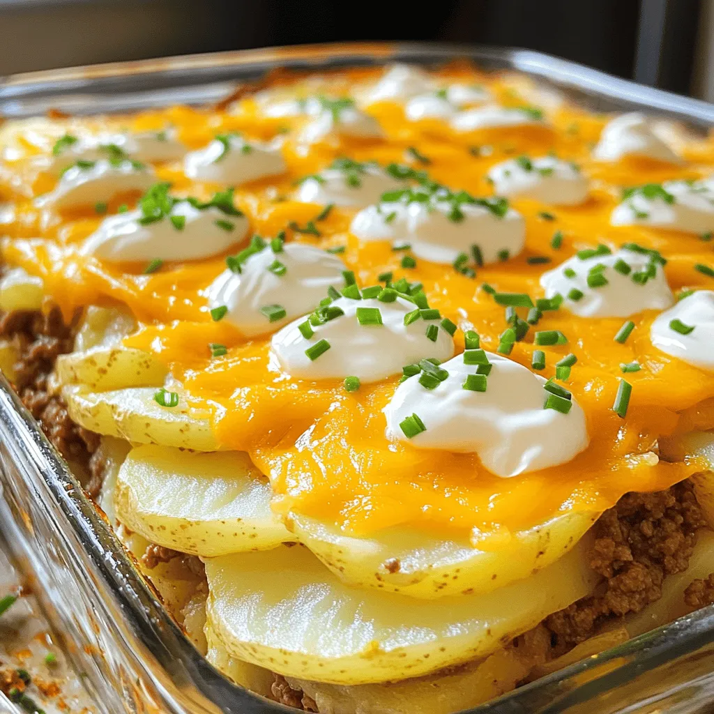 To make your Easy Hamburger Potato Casserole, gather these simple ingredients: - 1 pound ground beef - 1 medium onion, diced - 2 cloves garlic, minced - 4 medium potatoes, thinly sliced - 1 cup shredded cheddar cheese - 1 cup sour cream - 1 cup beef broth - 1 teaspoon paprika - 1 teaspoon salt - ½ teaspoon black pepper - ½ teaspoon dried oregano - 1 tablespoon olive oil - Fresh chives, chopped (for garnish)