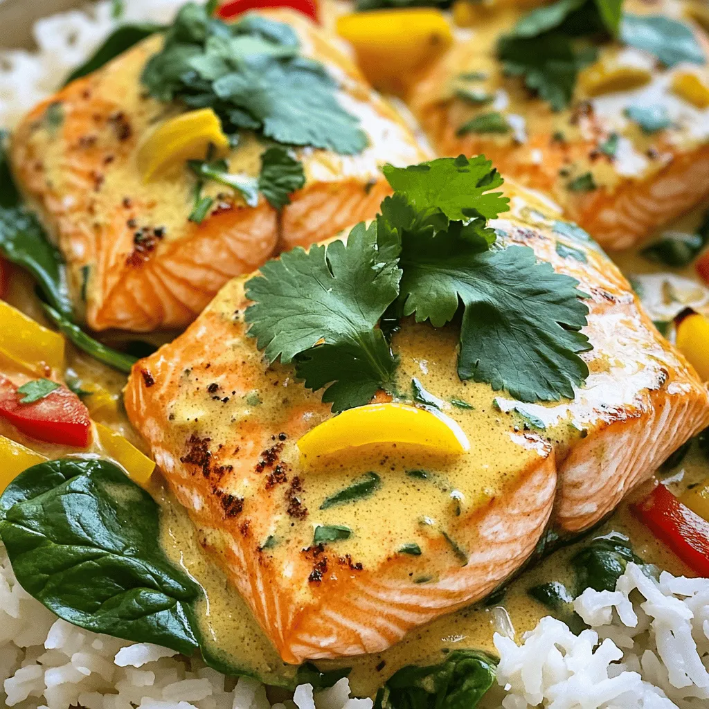 For this Caribbean-Style Coconut Curry Salmon, you will need: - 4 salmon fillets (6 oz each) - 1 can (13.5 oz) coconut milk - 2 tablespoons red curry paste - 1 tablespoon olive oil - 1 onion, finely chopped - 3 garlic cloves, minced - 1 tablespoon ginger, grated - 1 bell pepper (red or yellow), sliced - 1 cup baby spinach - 1 tablespoon lime juice - Salt and pepper to taste - Fresh cilantro for garnish - Cooked jasmine rice or quinoa for serving