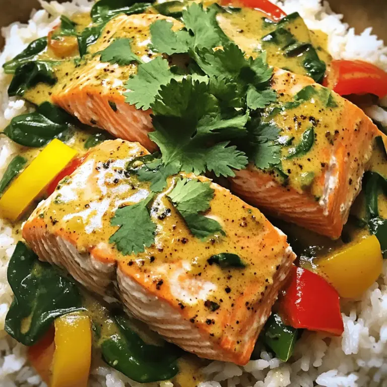 For this Caribbean-Style Coconut Curry Salmon, you will need: - 4 salmon fillets (6 oz each) - 1 can (13.5 oz) coconut milk - 2 tablespoons red curry paste - 1 tablespoon olive oil - 1 onion, finely chopped - 3 garlic cloves, minced - 1 tablespoon ginger, grated - 1 bell pepper (red or yellow), sliced - 1 cup baby spinach - 1 tablespoon lime juice - Salt and pepper to taste - Fresh cilantro for garnish - Cooked jasmine rice or quinoa for serving