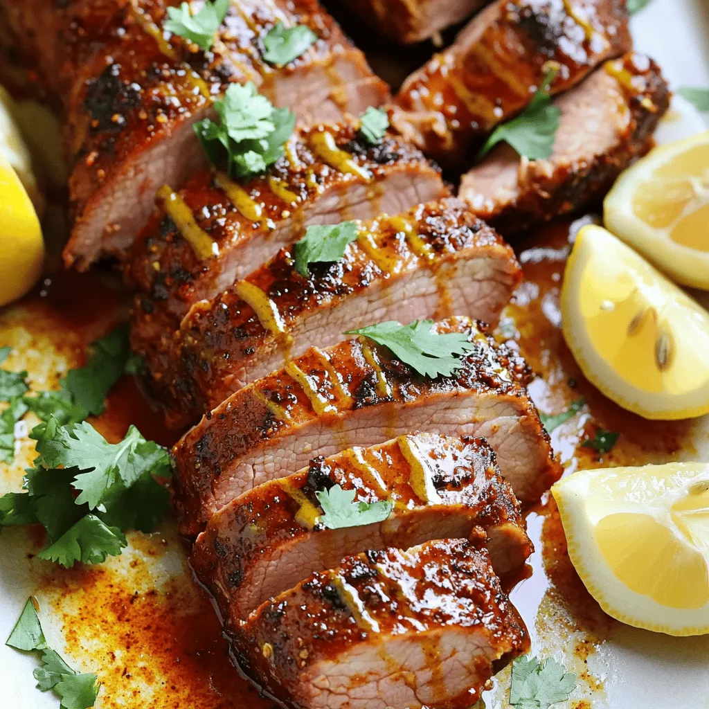 - 1.5 lbs pork tenderloin - 3 tablespoons harissa paste - 2 tablespoons olive oil - 4 cloves garlic, minced