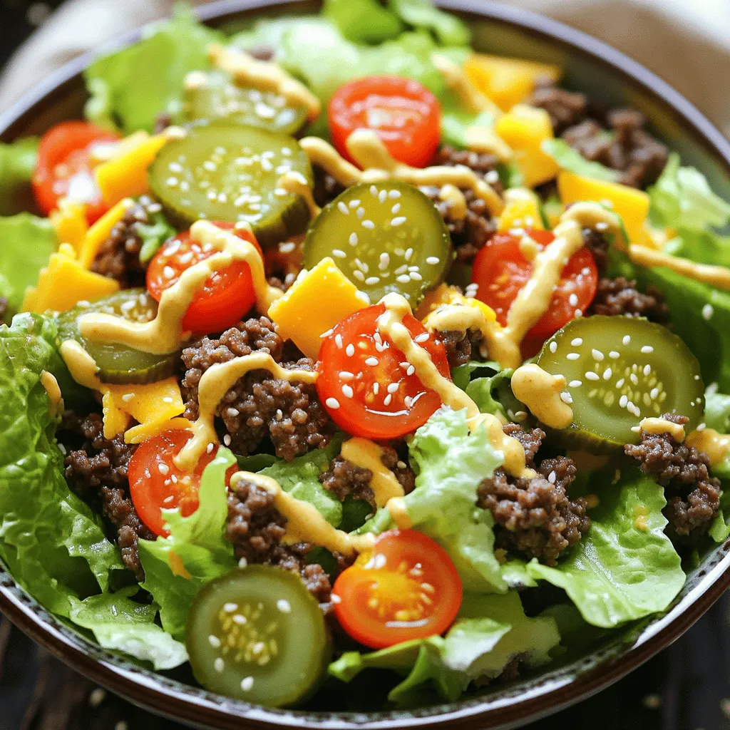 To make a tasty Keto Big Mac Salad, you need these key items: - 1 lb ground beef - 1 tablespoon olive oil - 1 teaspoon onion powder - 1 teaspoon garlic powder - Salt and pepper to taste - 4 cups romaine lettuce, chopped - 1 cup cherry tomatoes, halved - ½ cup dill pickles, diced - ½ cup shredded cheddar cheese - ½ cup keto-friendly mayonnaise - 2 tablespoons mustard - 1 tablespoon apple cider vinegar