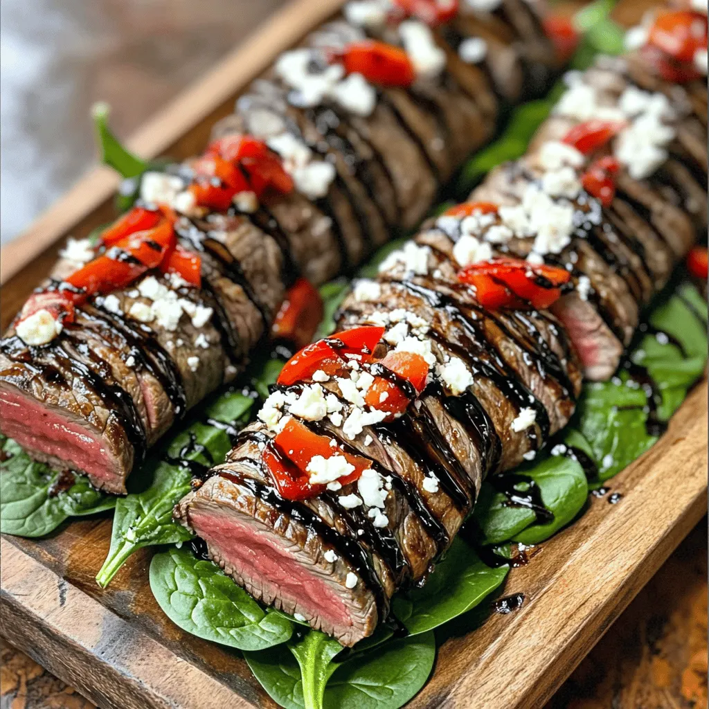 To make Balsamic Glazed Steak Rolls, you will need: - 1 pound flank steak, thinly sliced - 1 cup baby spinach leaves - 1/2 cup roasted red peppers, sliced - 1/4 cup feta cheese, crumbled - 1/4 cup balsamic glaze - 2 tablespoons olive oil - 2 cloves garlic, minced - Salt and black pepper to taste - Toothpicks or kitchen twine for securing rolls These ingredients create a tasty dish that combines great flavors in one bite. You will need a few tools to prepare this dish. Gather these items: - A sharp knife for slicing the steak - A cutting board for prep work - A meat mallet to pound the steak - A large skillet for cooking - A bowl for mixing the filling - Toothpicks or kitchen twine for securing the rolls Having the right tools makes cooking easier and more fun! If you need to swap some ingredients, here are a few ideas: - Use chicken or turkey instead of flank steak. - Try arugula or kale instead of spinach. - Swap feta cheese with goat cheese for a different flavor. - Use homemade balsamic reduction if you don’t have glaze. - Add mushrooms or zucchini for extra veggies in the filling. These substitutions can help you customize the dish to your taste. You can find the full recipe to ensure you have all the details right! First, lay out the flank steak on a cutting board. Use a meat mallet to pound the steak. Aim for about 1/4 inch thickness. This step helps the steak cook evenly. Season both sides with salt and black pepper. This enhances the flavor of the meat. In a mixing bowl, combine the baby spinach leaves, roasted red peppers, and crumbled feta cheese. Mix these ingredients well. This filling adds color and taste to the rolls. You can adjust the amount of each ingredient to fit your taste. Take a slice of the seasoned flank steak. Place about a tablespoon of the spinach mixture at one end. Roll it up tightly, and secure it with a toothpick or kitchen twine. Repeat this for all steak slices. Heat a large skillet over medium heat. Add olive oil and minced garlic. Once the garlic smells good, add the steak rolls. Cook each side for about 3-4 minutes. Make sure the steak is cooked to your liking. After cooking the rolls, reduce the heat to low. Drizzle balsamic glaze over the rolls. Let them cook for another minute. This allows the rolls to soak in the glaze. The final touch gives them flavor and shine. For the full recipe, check the complete instructions above. To make your steak rolls shine, focus on cooking them just right. Start with medium heat to sear the rolls. This gives a nice crust. Cook each side for about 3-4 minutes. This time helps keep the inside juicy. If you prefer a specific doneness, check with a meat thermometer. Aim for 130°F for medium-rare or 145°F for medium. Don't rush this step; patience pays off. When picking steak, flank steak is a great choice. Look for bright red color and fine grain. Avoid any cuts with too much fat. You want lean meat for rolling. If flank steak is hard to find, you can try skirt steak. It offers a similar taste and texture. Remember, fresh is best. Buy from a trusted butcher or market. After cooking, presentation matters. Arrange the steak rolls on a clean platter. Drizzle extra balsamic glaze over the top for a glossy finish. You can add fresh herbs like parsley or basil for color. Serve with a side of roasted veggies or a crisp salad. This not only adds flavor but also makes your meal look inviting. For a nice touch, use a wooden board for a rustic feel. For the complete recipe, check out the Full Recipe link. {{image_2}} If you want a meat-free option, try using portobello mushrooms. These mushrooms have a meaty texture and great flavor. You can slice them thick and marinate them in balsamic glaze. Then, grill or roast them for a tasty filling. Another option is to use eggplant. Slice it thin and grill until soft. Then, add the same spinach, roasted peppers, and feta mix inside. Both options keep the spirit of the dish alive. Using seasonal ingredients can enhance your steak rolls. In fall, try adding butternut squash or sweet potatoes for sweetness. In summer, fresh tomatoes or zucchini can add brightness. Just roast or sauté these veggies first. This keeps your meal fresh and exciting all year long. While balsamic glaze is delicious, you can switch it up. Try teriyaki sauce for a sweet and savory twist. A chimichurri sauce can add a fresh and herby flavor. For a spicy kick, a sriracha sauce works well too. Experiment with different sauces to find your favorite! For the full recipe, check out the details provided. Store your leftover steak rolls in an airtight container. Place a paper towel inside to absorb moisture. This will keep them fresh longer. You can keep them in the fridge for up to three days. If you think you won’t eat them soon, consider freezing. To reheat, simply place the steak rolls in a skillet over medium heat. Add a splash of water to keep them moist. Cover the skillet with a lid to help steam them. Heat for about five minutes, turning them occasionally. You can also use a microwave. Heat on medium for 1-2 minutes. Make sure they are hot throughout before serving. To freeze, wrap each roll tightly in plastic wrap. Then, place them in a freezer bag. Be sure to remove as much air as possible to prevent freezer burn. You can freeze them for up to three months. When you are ready to eat, let them thaw overnight in the fridge. Then, reheat them as mentioned above. Enjoy your flavorful steak rolls anytime! For the full recipe, check the recipe section. To make steak rolls tender, start with flank steak. Pound it thinly with a meat mallet. This breaks down the fibers and makes the meat easier to chew. Also, marinating the steak in balsamic glaze for a few hours can add flavor and tenderness. Cook the rolls quickly over medium heat to avoid toughening the meat. Yes, you can use other meats. Try chicken breast or pork tenderloin for a change. Both can be pounded thin and rolled with your favorite fillings. Just adjust the cooking time based on the meat you choose. Chicken may need a few more minutes, while pork cooks quickly. These steak rolls pair well with many sides. Consider serving them with roasted vegetables, a fresh salad, or garlic mashed potatoes. You can also serve crusty bread to soak up the balsamic glaze. For a light meal, add a side of quinoa or couscous. To check if the steak is cooked, use a meat thermometer. Aim for 130°F for medium-rare and 140°F for medium. If you don't have a thermometer, cut one roll open. The meat should be pink in the center, with juices running clear. Avoid overcooking, as it can dry out the meat. The nutritional info varies based on the ingredients used. On average, each steak roll has about 250 calories, 15 grams of protein, and 18 grams of fat. It also contains fiber from the spinach and peppers. For exact numbers, consider using a nutrition calculator with your specific ingredients. You can find the full recipe for Balsamic Glazed Steak Rolls within this article. It includes detailed steps and all the ingredients you'll need to make this tasty dish. You learned all about making delicious Balsamic Glazed Steak Rolls. We covered the ingredients, tools, and even tasty substitutes. The step-by-step instructions make cooking easy, while tips can help you get it just right. I shared ways to switch up the recipe for fun variations and how to store leftovers safely. In the end, you now have the tools to create a tasty dish everyone will love. Enjoy your cooking!