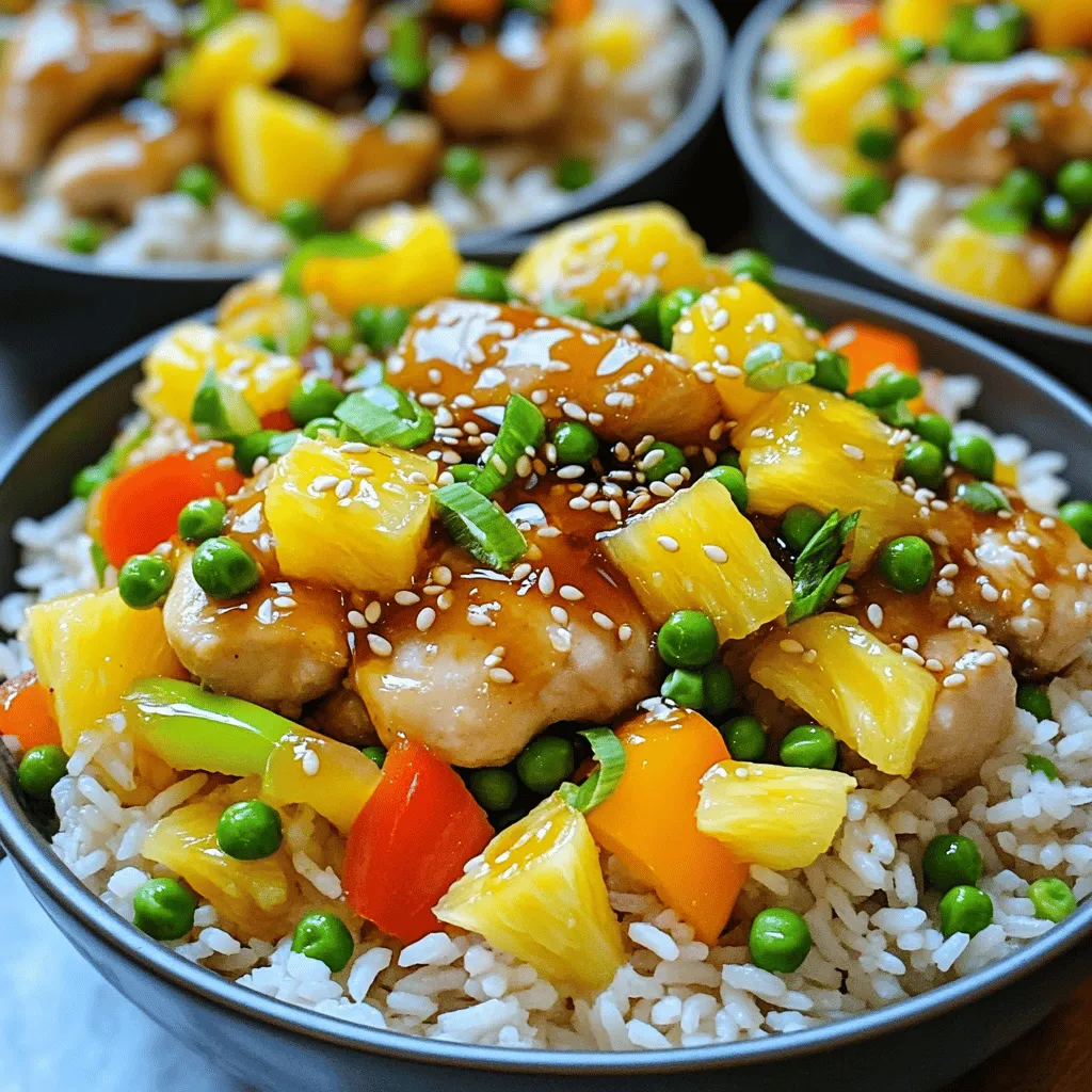 - 2 cups jasmine rice - 1 lb chicken breast, cut into bite-sized pieces - 1 cup fresh pineapple, diced - 1 bell pepper (red or yellow), sliced - 1/2 cup frozen peas - 1/4 cup soy sauce (low sodium) - 1/4 cup honey - 2 tablespoons sesame oil - 1 tablespoon ginger, minced - 3 cloves garlic, minced - 1 tablespoon cornstarch mixed with 2 tablespoons water (slurry) - Salt and pepper to taste - Chopped green onions and sesame seeds for garnish - Additional spices (e.g., red pepper flakes) - Extra vegetables (e.g., carrots, snap peas) I love using fresh ingredients in my cooking. They add vibrant flavors and colors. The main star here is the chicken, which we cut into bite-sized pieces. This makes it easy to cook and eat. Pineapple gives this dish a sweet twist. Fresh pineapple is juicy and bright. You can also use canned pineapple if fresh is not available. Just drain it well before adding it to the dish. The bell pepper adds crunch and color. I prefer red or yellow for their sweetness. Frozen peas are a great time-saver. They cook quickly and add a pop of green. The sauce is simple yet tasty. Soy sauce brings saltiness, while honey adds sweetness. The ginger and garlic boost the flavor. They give the dish a nice aroma and warmth. For cooking, sesame oil is my go-to. It has a rich, nutty taste that enhances the dish. Adding a cornstarch slurry thickens the sauce. It makes everything stick together nicely. Lastly, sprinkle some chopped green onions and sesame seeds on top. They give a nice finish to the dish. For the full recipe, check the link above! - Bring 4 cups of water to a boil. - Add 2 cups of jasmine rice and cover. - Reduce heat and simmer for 15 minutes. Cooking rice is simple. The key is to keep it covered as it cooks. This helps it steam evenly. Fluff it gently with a fork once done. - Heat 2 tablespoons of sesame oil in a large skillet. - Sauté 1 tablespoon minced ginger and 3 cloves minced garlic for 1-2 minutes. The aroma of ginger and garlic fills the air. It sets the stage for a tasty dish. Make sure not to burn them; you want a nice golden color. - Add 1 pound of bite-sized chicken pieces to the skillet. - Season with salt and pepper, then cook for 7-10 minutes. Cook the chicken until it turns golden brown. Stir often to cook it evenly. You want it juicy and well-cooked. - Stir in the sliced bell pepper and 1/2 cup of frozen peas. - Cook for an additional 3-4 minutes until tender. The bright colors of the bell pepper make the dish pop. Add the peas for a sweet crunch. They add texture and flavor to the meal. - In a bowl, combine 1/4 cup soy sauce and 1/4 cup honey. - Pour this mixture over the chicken and vegetables. This sweet and salty sauce brings everything together. Stir well to coat all the chicken and veggies evenly. - Add 1 tablespoon of cornstarch mixed with 2 tablespoons water. - Stir continuously until the sauce thickens and becomes glossy. The cornstarch will help your sauce cling to the chicken. It creates a nice, thick coating that makes each bite delightful. - Fluff the cooked rice and gently fold it into the chicken mixture. - Ensure the rice is well incorporated throughout. Mixing the rice with the chicken and pineapple makes it a complete meal. Each bite should have a bit of everything. This dish is a true tropical delight! For the full recipe, check the section above. - Use a non-stick skillet. This helps prevent sticking and burning. - Properly season chicken for flavor. A pinch of salt and pepper can make a big difference. - Garnish with green onions and sesame seeds. This adds color and crunch to your dish. - Serve in deep bowls for presentation. It makes the meal look more inviting and fun. - Add a splash of lime juice. This brightens the dish and adds a fresh taste. - Consider marinating chicken beforehand. A simple mix of soy sauce and honey works well. These tips make your Sweet Pineapple Chicken & Rice even better. You can find the full recipe above to guide you through the process. Enjoy cooking! {{image_2}} You can switch up the protein in this dish. Use shrimp or tofu for a fun twist. Both options absorb flavors well and add a nice texture. You might also try turkey or pork. These meats can give your meal a different taste that is still delicious. Adding vegetables is a great way to enhance this dish. You can incorporate broccoli or snap peas for some crunch. These veggies not only add color but also pack extra nutrients. Experimenting with different bell pepper colors can make your dish pop. Red, yellow, or orange peppers each bring a unique flavor. Changing the flavors can keep things exciting. Swap honey for maple syrup for a different sweetness. This change can give your dish a warm, rich taste. You can also use teriyaki sauce instead of soy sauce. Teriyaki adds a nice glaze and a sweet-savory balance to the meal. For the full recipe, check out the detailed instructions above. Store your Sweet Pineapple Chicken & Rice in an airtight container. This keeps it fresh. You can keep it in the refrigerator for up to 3 days. Make sure to let it cool before sealing. If you want to save some for later, freeze it in individual portions. This way, you can easily heat just what you need. Consume the frozen dish within 2 months for the best quality. Label your containers with dates, so you remember when you froze them. To enjoy your leftovers, you can microwave or use the stovetop to reheat. If using the microwave, put a splash of water in the dish. This helps prevent the rice from drying out. Stir well while heating to ensure everything warms evenly. Total time is 40 minutes. Prep takes 15 minutes, and cooking takes 25 minutes. Yes, you can use canned pineapple. Just remember to drain the excess juice. To make it gluten-free, use gluten-free soy sauce. This small swap ensures a safe meal. Yes, you can prepare it ahead of time. Store it in the fridge for later use. You’ve now learned how to make Sweet Pineapple Chicken & Rice. We covered all the ingredients and steps you need. Remember to experiment with different proteins and vegetables for variety. Store any leftovers properly to enjoy later. This dish is tasty, quick, and fun to share with family or friends. I hope you try it out and make it your own. Enjoy cooking and have fun in the kitchen!