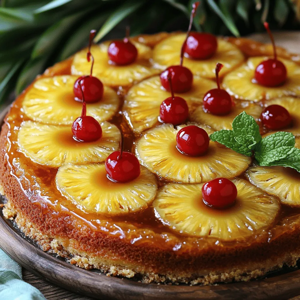 To make this delightful cake, you need some key items. Here’s what you’ll need: - 1 can (20 oz) pineapple slices, drained (reserve juice) - 1 cup packed brown sugar - 1/2 cup unsalted butter, melted - 1/2 cup maraschino cherries (optional) - 1 1/2 cups all-purpose flour - 1 cup granulated sugar - 1/2 tsp baking powder - 1/2 tsp baking soda - 1/4 tsp salt - 1/2 cup sour cream - 3 large eggs - 1 tsp vanilla extract - 1/2 cup of the reserved pineapple juice (add additional water if needed to reach 1/2 cup)