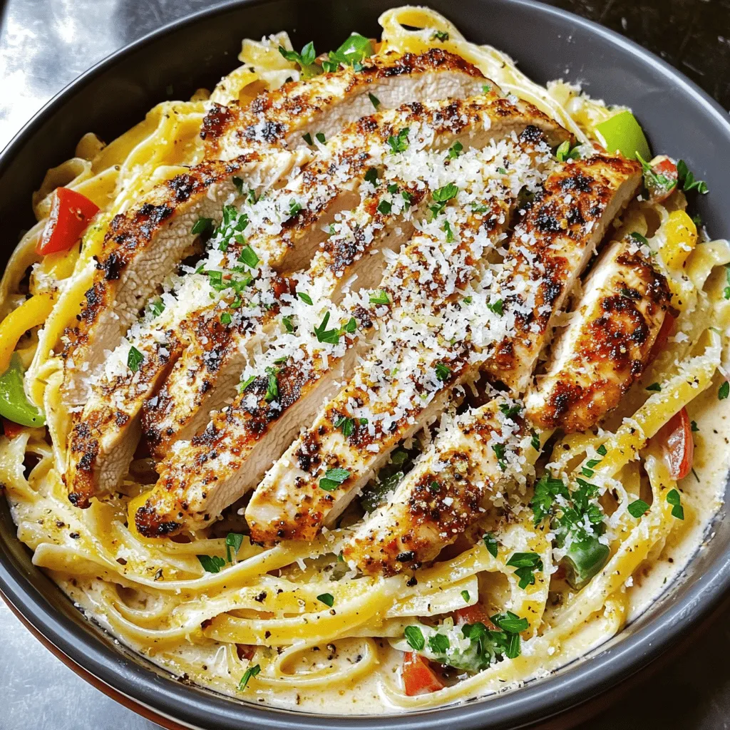 - 2 boneless, skinless chicken breasts - 2 tablespoons Cajun seasoning - 1 tablespoon olive oil - 8 oz fettuccine pasta - 1 red bell pepper, sliced - 1 green bell pepper, sliced - 1 small onion, chopped - 3 cloves garlic, minced - 1 cup heavy cream - 1 cup chicken broth - ½ cup grated Parmesan cheese - Salt and pepper to taste - Fresh parsley for garnish Gathering these ingredients makes cooking easier. The chicken breasts bring protein and flavor. Cajun seasoning adds a spicy kick. Olive oil helps cook the chicken perfectly. Fettuccine pasta serves as a great base. For the veggies, bell peppers and onions add crunch and color. Garlic gives the dish a nice aroma. The sauce starts with heavy cream and chicken broth. Parmesan cheese thickens and enriches the sauce. Add salt and pepper to taste for balance. Finish with fresh parsley for color. You can find the Full Recipe at the end. This dish is simple yet packed with flavor. First, take your chicken breasts and season them with Cajun seasoning. Make sure to massage the seasoning into the meat. This helps the flavors soak in well. Next, heat olive oil in a large skillet over medium-high heat. Once the oil is hot, add the seasoned chicken. Cook for about 7-8 minutes on each side. After cooking, the chicken should be golden and juices must run clear. Set the chicken aside to rest before slicing. In a large pot, bring salted water to a boil. Once boiling, add the fettuccine. Cook according to the package directions until it’s al dente. This usually takes about 8-10 minutes. After the pasta is cooked, drain it and set it aside. Using the same skillet, add sliced bell peppers and chopped onion. Sauté them over medium heat for about 3-4 minutes. You want them softened but still colorful. Then, add in the minced garlic and cook for an additional minute. The garlic should become fragrant, adding great flavor. Now, pour in the heavy cream and chicken broth. Stir to combine the two liquids well. Bring the mixture to a gentle simmer. Slowly add the grated Parmesan cheese, stirring until it melts. This will thicken your sauce. Don’t forget to add salt and pepper to taste. Add the drained fettuccine directly into the skillet with the sauce. Toss the fettuccine well to coat it evenly with the creamy sauce. This step is crucial for flavor. Slice the rested chicken breasts into strips. Place them on top of the pasta for serving. For a beautiful presentation, sprinkle fresh parsley and extra Parmesan on top. It makes your dish look great and adds extra flavor. For the Full Recipe, follow the steps provided above. To make the best Cajun chicken pasta, timing is key. Cook the chicken for 7-8 minutes per side. This ensures it stays juicy. After cooking, let the chicken rest for 5 minutes. Resting helps the juices stay inside the meat. This makes each bite tender and flavorful. If you want a lighter sauce, try using half-and-half instead of heavy cream. You can also use Greek yogurt for a tangy twist. For pasta, fettuccine is great, but you can swap it for penne or bow tie pasta. Each shape brings a fun texture to the dish. Adjust the spice level to fit your taste. If you love heat, add more Cajun seasoning or a dash of hot sauce. You can also mix in red pepper flakes for extra kick. Want more veggies? Try adding spinach, zucchini, or mushrooms. They not only add color but also extra nutrients to your meal. {{image_2}} You can easily ramp up the heat in your Cajun Chicken Pasta. Start by adding more Cajun seasoning to the dish. This brings out the bold flavors. You can also splash in some hot sauce for an extra kick. Another fun option is to sprinkle red pepper flakes into the sauce. This adds both heat and flavor. If you want a lighter meal, try using whole grain or gluten-free pasta. These options offer more fiber and nutrients. You can also swap out heavy cream for a low-fat alternative. This keeps the creaminess without all the fat. Using a mix of Greek yogurt and broth can work well too. For a vegetarian twist, substitute chicken with mushrooms or tofu. Both options soak up flavors nicely. You can also make a sauce that is packed with veggies. Try adding zucchini, spinach, or cherry tomatoes. This creates a colorful and tasty dish without meat. For the full recipe, check out the details provided earlier! To store your Cajun Chicken Pasta, place it in an airtight container. Make sure it cools down first. This keeps the dish fresh and tasty. You can store it in the fridge for up to three days. When reheating, use a skillet or microwave. Heat until it's warm all the way through. Stir occasionally to ensure even heating. Yes, you can freeze Cajun Chicken Pasta! To freeze, let it cool completely. Then, place it in a freezer-safe container. It can last up to three months in the freezer. To thaw, move it to the fridge overnight. For reheating, use the stove or microwave. Add a splash of chicken broth if it seems dry. In the fridge, Cajun Chicken Pasta lasts about three days. If you notice any off smells or mold, toss it out. Signs of spoilage include a change in color or texture. Always check before you eat leftovers to stay safe. Cajun Chicken Pasta is a creamy dish with a kick. It blends chicken, pasta, and bold spices. This dish comes from Louisiana, where Cajun cooking is famous. It mixes French and Southern flavors, giving it a unique taste. The creamy sauce, paired with the seasoned chicken, makes it special. To add more heat, use extra Cajun seasoning. You can also add hot sauce to the sauce. Red pepper flakes give a nice kick, too. For a fun twist, add diced jalapeños for fresh heat. Always taste as you go to find your perfect spice level. Yes, you can prep Cajun Chicken Pasta ahead. Cook the chicken and pasta, then store them separately. Keep each part in airtight containers. When ready to eat, just combine and heat. This makes weeknight dinners easy and quick. Great sides include garlic bread and a fresh salad. You can also serve steamed vegetables for color. Corn on the cob pairs well, adding crunch. These sides balance the richness of the pasta. Cajun Chicken Pasta is perfect for meal prep. The flavors improve as it sits in the fridge. Store it in single-serve containers for easy meals. Reheat in the microwave or on the stove. This makes it a great choice for busy weeks. You can find the Full Recipe online at your favorite cooking site. Just search for Spicy Cajun Chicken Pasta. It has all the steps and tips to make this dish. Enjoy your cooking adventure! In this blog post, we explored how to make delicious Cajun Chicken Pasta. You learned about the key ingredients, the cooking process, and helpful tips. Remember, spices can be adjusted to match your taste. You can also swap out ingredients for a healthier version. This dish is not just tasty; it's also easy to make and perfect for any occasion. Enjoy creating this meal and impressing your friends and family with your skills!
