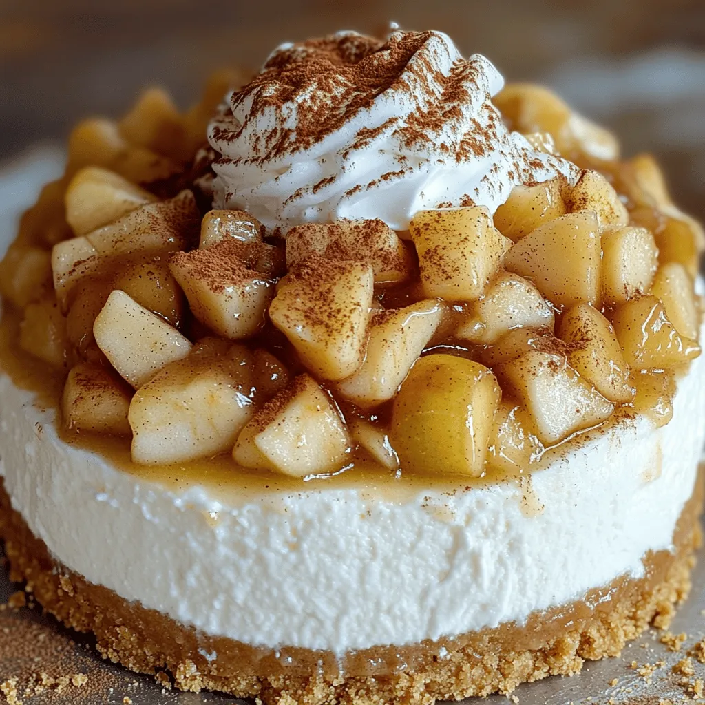 - 3 medium apples (Granny Smith) - 1 tablespoon lemon juice - 1 teaspoon cinnamon - 1/4 teaspoon nutmeg - 1/2 cup brown sugar - 1 tablespoon butter - 16 oz (450g) cream cheese, softened - 1 cup granulated sugar - 1 teaspoon vanilla extract - 3 large eggs - 1/4 cup sour cream - 1/4 cup all-purpose flour - 1 1/2 cups graham cracker crumbs - 1/4 cup granulated sugar - 1/2 cup butter, melted - Whipped cream - Ground cinnamon for dusting The apple pie filling makes this cheesecake shine. I use Granny Smith apples for a nice tart flavor. The lemon juice brightens it up. Cinnamon and nutmeg add warmth, making it cozy. Brown sugar brings a rich sweetness. For the cheesecake, I use softened cream cheese. It creates a smooth and creamy texture. Granulated sugar balances the tang of the cheese. Vanilla extract adds a lovely depth. Eggs bind everything, while sour cream makes it rich. A touch of flour helps set the cheesecake. The crust is simple yet delicious. Graham cracker crumbs give a sweet crunch. I mix them with sugar and melted butter. This crust holds everything together perfectly. For optional toppings, whipped cream adds a light finish. A sprinkle of cinnamon gives that extra touch. You can find the full recipe for the Apple Pie Stuffed Cheesecake. Enjoy creating this delightful dessert! - Melt 1 tablespoon of butter in a medium saucepan over medium heat. - Add 3 diced apples, 1 tablespoon of lemon juice, 1 teaspoon of cinnamon, 1/4 teaspoon of nutmeg, and 1/2 cup of brown sugar. - Stir to mix all ingredients well. Cook for about 5-7 minutes until the apples are tender. - Remove from heat and let the filling cool completely. - Preheat your oven to 325°F (160°C). - In a mixing bowl, combine 1 1/2 cups of graham cracker crumbs and 1/4 cup of sugar. - Pour in 1/2 cup of melted butter and stir until the crumbs are moistened. - Press this mixture evenly into the bottom of a 9-inch springform pan. - Bake for 10 minutes, then take it out and let it cool. - In a large bowl, beat 16 oz of softened cream cheese until smooth. - Gradually add 1 cup of sugar, mixing until well combined. - Add 1 teaspoon of vanilla extract and mix. - Add 3 large eggs, one at a time, mixing well after each. - Finally, mix in 1/4 cup of sour cream and 1/4 cup of all-purpose flour until smooth. - Pour half of the cheesecake batter into the cooled crust. - Spoon the cooled apple pie filling evenly over this layer. - Pour the remaining cheesecake batter on top and smooth it out. - Bake for 50-60 minutes until the edges are set and the center jiggles slightly. - Turn off the oven and crack the door open for about an hour to cool slowly. - Once at room temperature, refrigerate the cheesecake for at least 4 hours or overnight. - This waiting time helps create the best texture. - When ready to serve, remove the cheesecake from the springform pan. - Top with whipped cream and a dusting of ground cinnamon for a delightful finish. For the complete details on this recipe, check out the Full Recipe. To get the best cheesecake, use room temperature ingredients. Cold cream cheese makes it hard to mix. Let your cream cheese sit out for about an hour before you start. This way, it will blend smoothly with sugar. Also, use a gradual cooling process. After baking, turn off the oven and crack the door open. This helps the cheesecake cool slowly and avoids cracks. A water bath can help prevent cracks. Wrap the springform pan in foil and place it in a larger pan filled with water. This keeps the cheesecake moist during baking. After baking, let the cheesecake cool in the oven with the door ajar. This gentle cooling helps keep it from cracking. You can add more flavors to your cheesecake. Try spices like ginger or allspice for warmth. A splash of maple syrup can give it a sweet twist. If you want to switch things up, use other fruits. Pears or berries can create new flavors. Mixing different fruits can also lead to a fun taste adventure. For more ideas, check the Full Recipe. {{image_2}} You can change the apple pie filling with other fruits. Berries, like blueberries or raspberries, add a nice tartness. Peaches work well too. Mixing apples with berries gives a fun twist. The flavors blend well and make a tasty surprise. You can also try using a mix of fruits for a unique taste. Just keep the spices in mind; they should match the fruit you choose. Want a different crust? Try using chocolate cookies instead of graham crackers. They give a rich, sweet flavor. You can also crush nuts for a crunchy texture. If you need a gluten-free option, use gluten-free graham crackers or almond flour. Both will hold well and taste great with the cheesecake. Adding flavors to your cheesecake makes it special. You can swirl in chocolate or caramel for richness. Another idea is to add a bit of lemon zest for a fresh kick. You can also mix in spices like ginger or cardamom for warmth. Each twist gives you a new dessert to enjoy. For all these ideas, check out the Full Recipe for more details. To keep your cheesecake fresh, store it in the fridge. Place it in an airtight container. This helps it stay moist and tasty. You can keep it in the fridge for up to five days. For longer storage, freeze the cheesecake. Wrap it tightly in plastic wrap, then place it in a freezer bag. It can last for up to three months in the freezer. When it comes to storing cheesecake, use a good airtight container. A springform pan works well if you keep the cheesecake in it. Just cover the top with plastic wrap. If transferring to another container, ensure it's deep enough to hold the height. Always label your container with the date. This helps track how long it has been stored. If you want to enjoy your cheesecake warm, reheating is easy. For best results, use an oven. Preheat it to 250°F (120°C). Place the cheesecake on a baking sheet and heat for about 15 minutes. This keeps the texture smooth. You can also use a microwave. Heat a slice for about 20-30 seconds. This method is quick but may change the texture slightly. Always check to avoid overheating. The best apple for apple pie is Granny Smith. They are tart and hold their shape well. This makes them perfect for baking. Other good options include Honeycrisp and Fuji. Honeycrisp adds a nice sweetness. Fuji apples are sweet and juicy. Mixing different kinds gives a great flavor. Yes, you can make this cheesecake ahead of time. It tastes even better after a day in the fridge. I recommend preparing it up to two days in advance. Just cover it well and chill. This way, you can enjoy your time with guests. To tell if your cheesecake is done, look for a few signs. The edges should be set, and the center should jiggle slightly. This jiggle means it will firm up as it cools. You can also check with a toothpick. Insert it in the center and see if it comes out clean. Yes, you can use other sweeteners. Options include honey, maple syrup, or stevia. Each sweetener has its own flavor and sweetness level. If you use a liquid sweetener, reduce other liquids in the recipe. Taste as you go to get the right balance. For more details, check the Full Recipe. This blog post detailed how to create a delicious apple pie cheesecake. We covered essential ingredients like apples, cream cheese, and graham crackers. I shared clear steps for making the filling, the crust, and the cheesecake batter. We also looked at tips for the best texture and tasty variations. Making cheesecake is fun and rewarding. Don't hesitate to try new flavors. Share your creations with friends! Enjoy your baking journey and impress loved ones with this sweet treat.