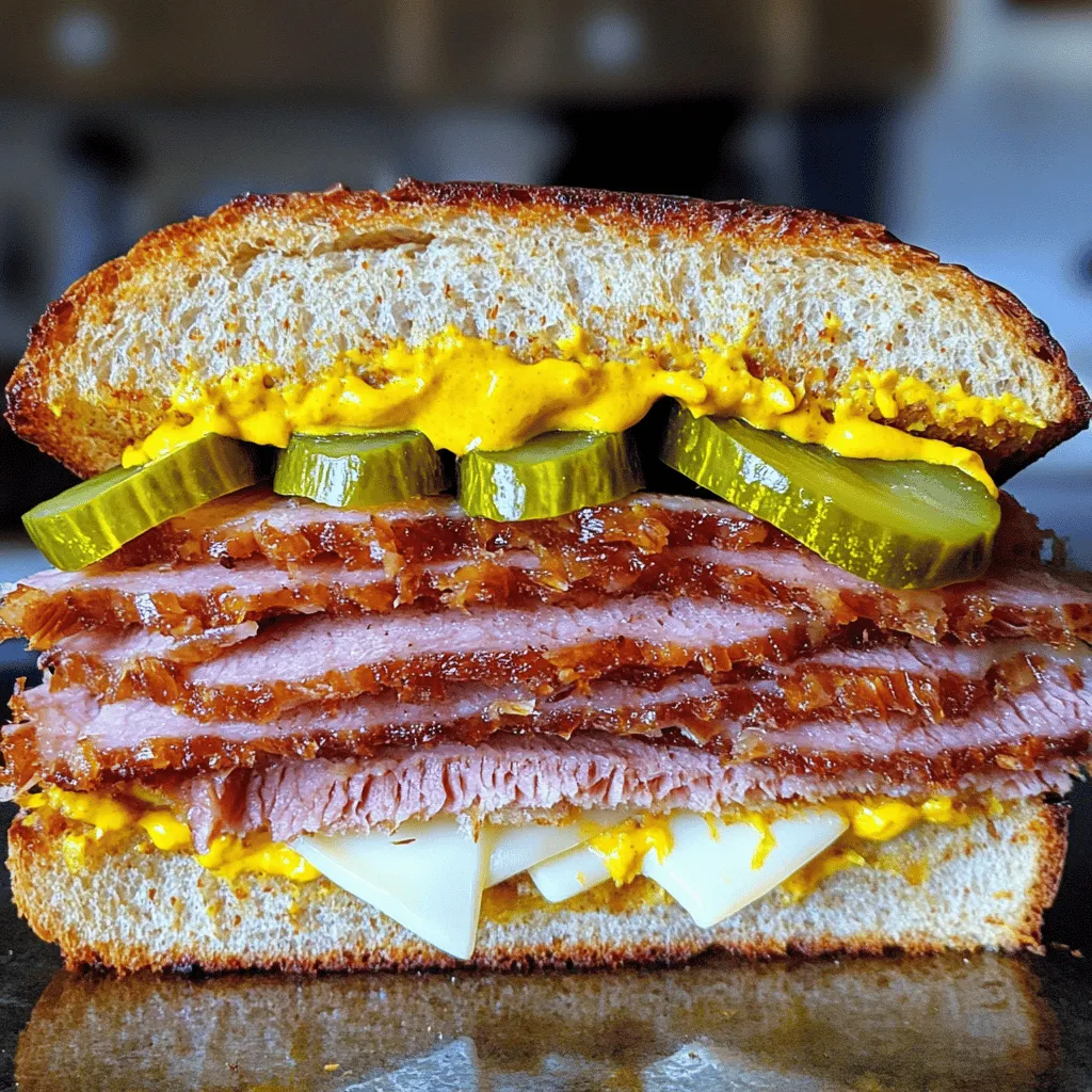 - Hand-sliced pastrami - Rye bread - Yellow mustard - Dill pickle slices - Swiss cheese (optional) - Butter