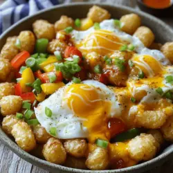 For a tasty Tater Tot Breakfast Bowl, gather these key ingredients: - 2 cups frozen tater tots - 4 large eggs - ½ cup shredded cheddar cheese - ¼ cup diced cooked ham or bacon (optional) - 1 small bell pepper, diced - ¼ cup green onions, sliced - 2 tablespoons olive oil - Salt and pepper to taste