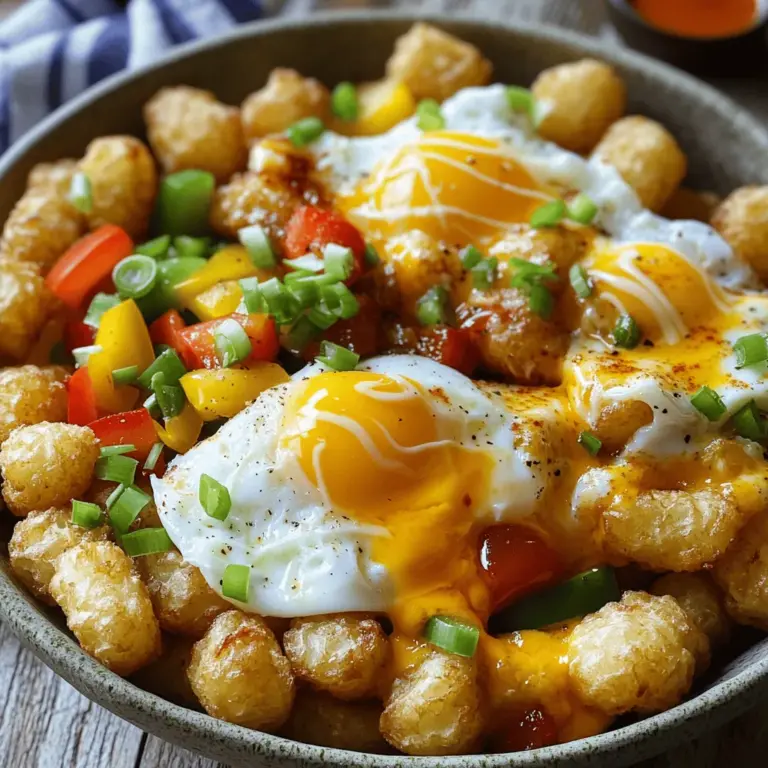 For a tasty Tater Tot Breakfast Bowl, gather these key ingredients: - 2 cups frozen tater tots - 4 large eggs - ½ cup shredded cheddar cheese - ¼ cup diced cooked ham or bacon (optional) - 1 small bell pepper, diced - ¼ cup green onions, sliced - 2 tablespoons olive oil - Salt and pepper to taste