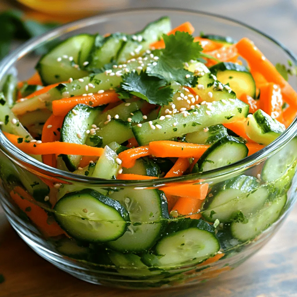 - Cucumber - Carrots - Red bell pepper - Cilantro - Sesame seeds - Olive oil - Rice vinegar - Honey or agave syrup - Salt and pepper