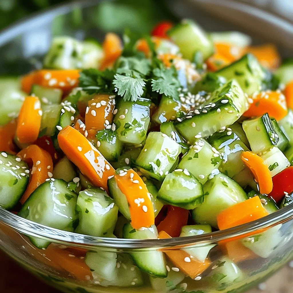 - Cucumber - Carrots - Red bell pepper - Cilantro - Sesame seeds - Olive oil - Rice vinegar - Honey or agave syrup - Salt and pepper