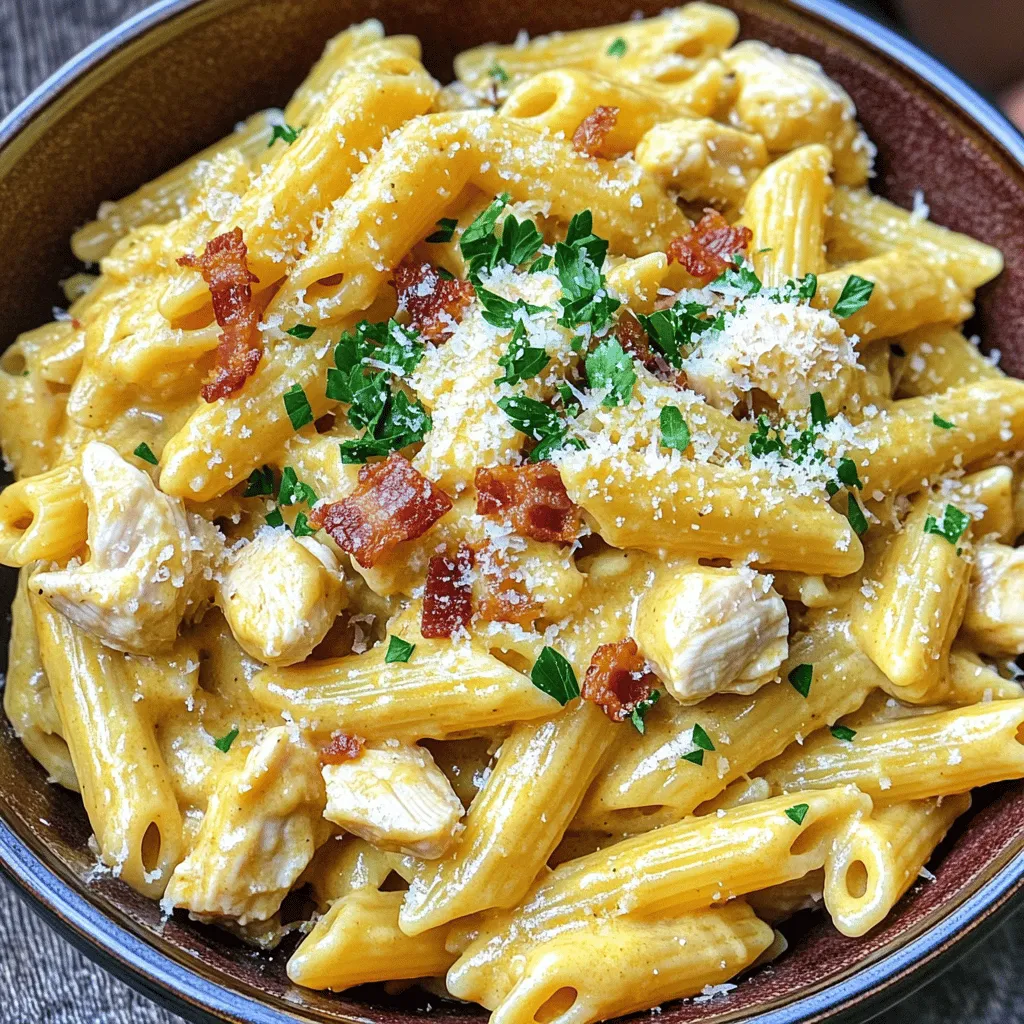 - 300g penne pasta - 2 chicken breasts, diced - 150g bacon, chopped - 1 medium onion, finely chopped - 3 cloves garlic, minced - 200ml heavy cream - 100g grated Parmesan cheese - 2 tablespoons olive oil - 1 teaspoon dried Italian herbs (oregano, basil) - Salt and pepper to taste - Fresh parsley, chopped (for garnish)