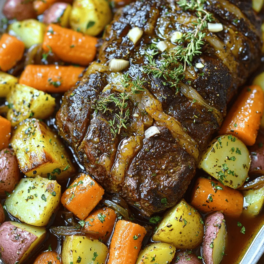- 3-4 lb beef chuck roast - 4 medium carrots, cut into large chunks - 3 medium potatoes, quartered - 1 large onion, quartered - 3 cloves garlic, minced - 2 teaspoons dried thyme - 2 teaspoons dried rosemary - 1 teaspoon paprika - Salt and pepper to taste