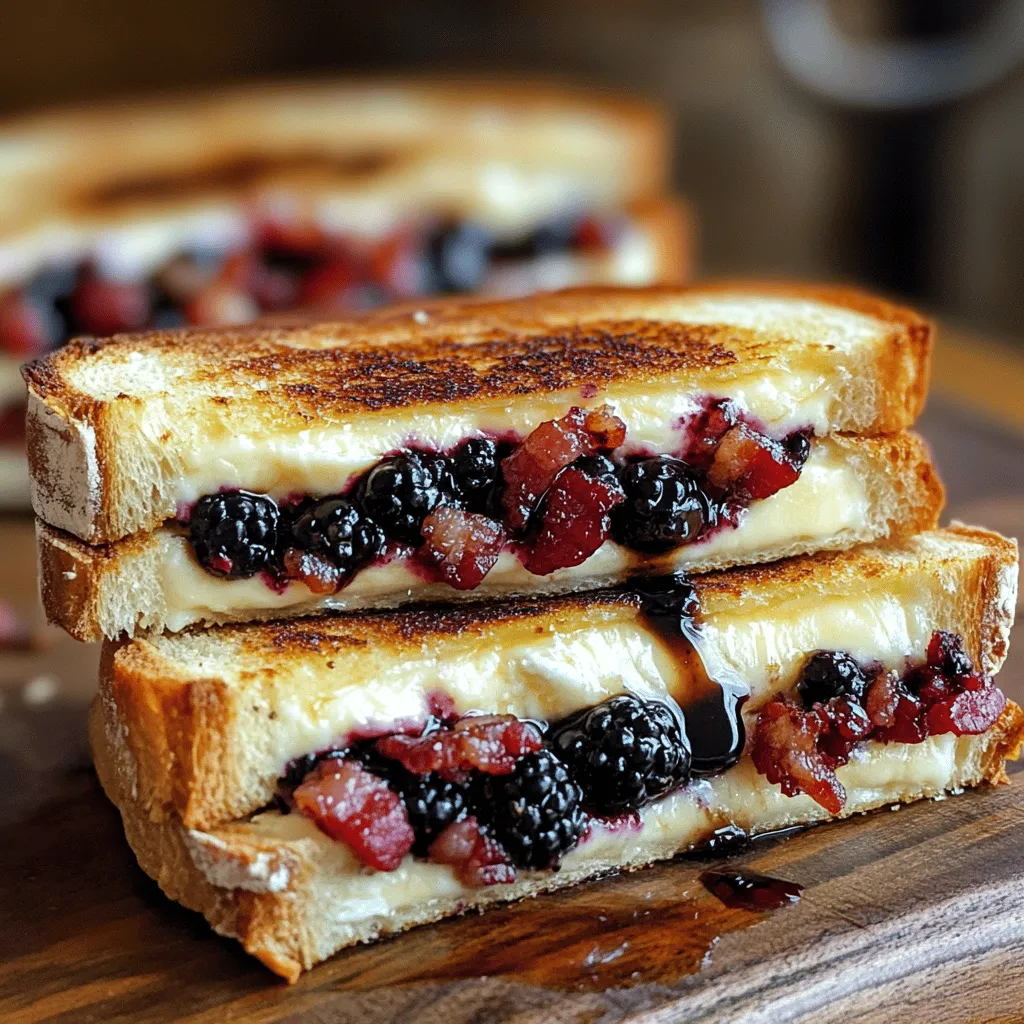 - 4 slices of sourdough bread - 4 ounces Brie cheese, sliced - 4 slices of crispy bacon - 1/4 cup fresh blackberries