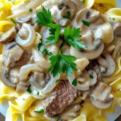 - Beef and Vegetables - 1 lb beef sirloin, thinly sliced - 8 oz mushrooms, sliced (cremini or button) - 1 medium onion, finely chopped - 2 cloves garlic, minced - Cooking Essentials - 1 tablespoon olive oil - 1 tablespoon butter - 1 cup beef broth - 8 oz egg noodles or pasta of your choice - Seasonings and Garnishes - 1 tablespoon Worcestershire sauce - 1 cup sour cream - 2 teaspoons Dijon mustard - Salt and pepper to taste - 1 tablespoon fresh parsley, chopped (for garnish) Gathering these ingredients sets the stage for your Beef Stroganoff. Each item plays a role in creating rich flavors and a hearty dish. The beef and mushrooms bring depth, while the creamy sauce ties everything together. You can find the complete recipe in the Full Recipe section. To start, boil a large pot of salted water. Add 8 oz of egg noodles and cook them according to the package. This usually takes about 7-10 minutes. You want them al dente, which means they should still have a little bite. Once cooked, drain the noodles in a colander and set them aside. Next, grab a large skillet and heat 1 tablespoon of olive oil over medium-high heat. Thinly slice 1 lb of beef sirloin. When the oil is hot, add the beef in batches. This keeps it from steaming. Sear for 2-3 minutes on each side until it turns brown. Once done, remove the beef from the skillet and place it on a plate. In the same skillet, add 1 tablespoon of butter. Let it melt, then toss in 1 finely chopped onion. Cook for about 3-4 minutes until it looks soft. Next, add 8 oz of sliced mushrooms and 2 minced garlic cloves. Cook these for another 5 minutes until the mushrooms are nice and tender. Now, it’s time for the sauce. Pour in 1 cup of beef broth and add 1 tablespoon of Worcestershire sauce. Stir everything together and bring it to a gentle simmer. Let it cook for about 5 minutes. This helps the flavors mix well. Lower the heat and stir in 1 cup of sour cream and 2 teaspoons of Dijon mustard. Mix until it’s smooth. Now, return the beef to the skillet. Stir it in and let it heat through for a couple of minutes. Season with salt and pepper to taste. Finally, take the cooked egg noodles and toss them in with the beef Stroganoff mixture. Make sure the noodles are well coated. For a nice finish, garnish your dish with 1 tablespoon of chopped fresh parsley. Serve it hot and enjoy this hearty meal! To get the best texture, choose the right beef. Use tender cuts like sirloin or tenderloin. Slice the beef thinly against the grain. This helps it stay tender when cooked. Avoid overcooking the beef. You want it brown, not tough. Sear it quickly on high heat. This gives a nice crust while keeping it juicy. Beef Stroganoff is rich and creamy. To change the flavor, play with the seasoning. Add more Worcestershire sauce for a deeper taste. Use fresh herbs like thyme or rosemary for brightness. If you like a bit of heat, add a pinch of red pepper flakes. For a tangy kick, try using more Dijon mustard. Taste as you go to find your perfect mix. Want to save time? Prep your ingredients before you start cooking. Chop the onions and slice the beef ahead of time. Use pre-sliced mushrooms if you can find them. Cook the noodles while you make the sauce. This way, everything finishes at the same time. You’ll have a delicious meal ready in just 35 minutes! For the full recipe, check out the complete instructions above. {{image_2}} If you want to try something different, chicken works great! Thinly slice chicken breast instead of beef. It cooks fast and still tastes amazing. You can also use pork or turkey for a twist. Each meat adds its own flavor. You can still enjoy stroganoff without meat. Use mushrooms as the main star. They offer a rich, umami taste. Add tofu or tempeh for protein. Replace beef broth with vegetable broth. This keeps it hearty and full of flavor. While egg noodles are classic, other pasta types shine too. Try wide noodles or fettuccine for a change. You can also use gluten-free pasta if needed. Even rice works well as a base. Each option gives a unique twist to this dish. To keep your Beef Stroganoff fresh, let it cool down. Place it in an airtight container. It lasts for about three to four days in the fridge. Make sure to label it with the date. This helps you track how long it's been stored. When you're ready to enjoy leftovers, reheat them gently. Place the Beef Stroganoff in a skillet over low heat. Stir often to avoid burning. You can add a splash of beef broth to keep it creamy. Heat until warmed through, about five to seven minutes. You can freeze Beef Stroganoff for later meals. Use a freezer-safe container and leave some space at the top. It expands when frozen. It stays good for about two to three months. When ready to eat, thaw it in the fridge overnight. Then reheat as mentioned above. For the best taste, avoid freezing the noodles. Instead, cook fresh noodles when you’re ready to serve. For the complete recipe, check out the Full Recipe section. Beef Stroganoff comes from Russia. It dates back to the mid-19th century. The dish is named after the Stroganov family, wealthy Russian merchants. They liked to enjoy simple dishes with flair. Traditionally, it includes tender beef, mushrooms, and a rich sauce. Over time, it spread across Europe and became popular in many places. Yes, you can use cream instead of sour cream. Cream gives a rich taste and a smooth texture. However, sour cream adds a tangy flavor that balances the dish. If you prefer cream, use heavy cream for the best results. Just remember, the dish will taste a bit different. Beef Stroganoff pairs well with several sides. Common choices are egg noodles or rice. Fresh green beans or steamed broccoli also work nicely. A crisp salad can add a fresh touch to your meal. For those who love bread, crusty bread is perfect for soaking up the sauce. To make Beef Stroganoff gluten-free, use gluten-free pasta. You can also use gluten-free flour to thicken the sauce. Be sure to check the Worcestershire sauce label for hidden gluten. Many brands offer gluten-free options. This way, everyone can enjoy this tasty meal. Yes, Beef Stroganoff is great for meal prep. It stores well in the fridge for up to three days. To reheat, warm it on the stove or in the microwave. You can also freeze leftovers for up to three months. Just remember to use airtight containers to keep it fresh. You can find the full recipe in our earlier sections. In this post, we explored the ingredients needed for Beef Stroganoff and outlined easy step-by-step instructions. You learned about tips to perfect texture and adjust flavors, plus several tasty variations. Finally, I shared storage info to keep your meal fresh. Beef Stroganoff is both versatile and delicious. With these tips and tricks, you can make your own version. Enjoy this classic dish in a way that suits your taste!