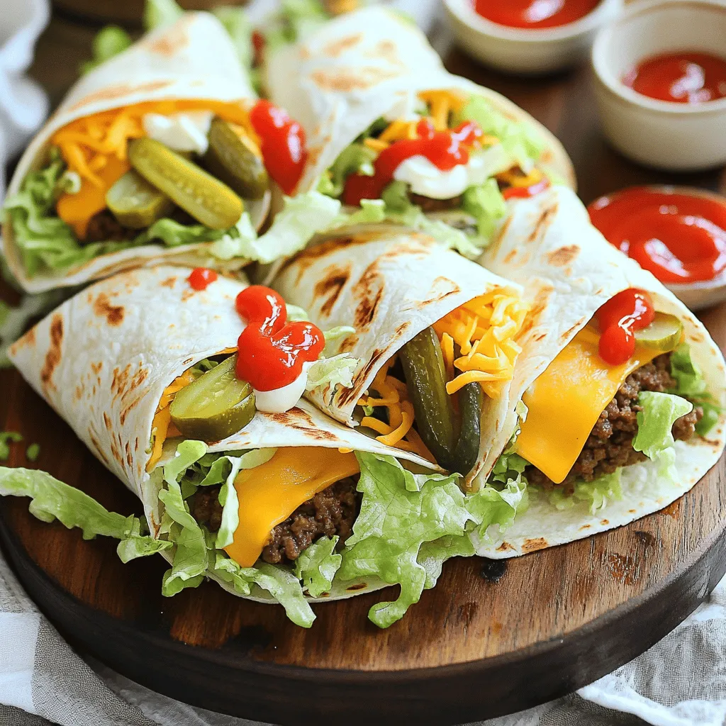 - 1 lb ground beef - 1 cup shredded cheddar cheese - 1 tablespoon Worcestershire sauce - 1 teaspoon garlic powder - 1 teaspoon onion powder - Salt and pepper to taste - 4 large flour tortillas - ½ cup lettuce, shredded - 1 tomato, diced - ¼ cup pickles, diced - ¼ cup ketchup - ¼ cup mayonnaise - Optional: hot sauce
