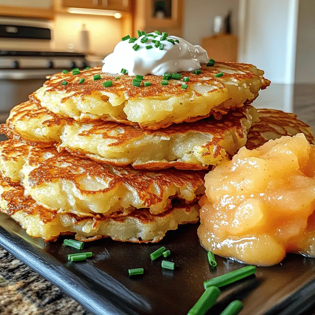 - 4 medium-sized potatoes, peeled and grated - 1 small onion, finely grated - 1 large egg - 1/4 cup all-purpose flour - 1 teaspoon baking powder - 1 teaspoon salt - 1/2 teaspoon black pepper - 1/2 teaspoon garlic powder - 1/4 cup vegetable oil (for frying) - Optional toppings: sour cream, applesauce, or chives for garnish