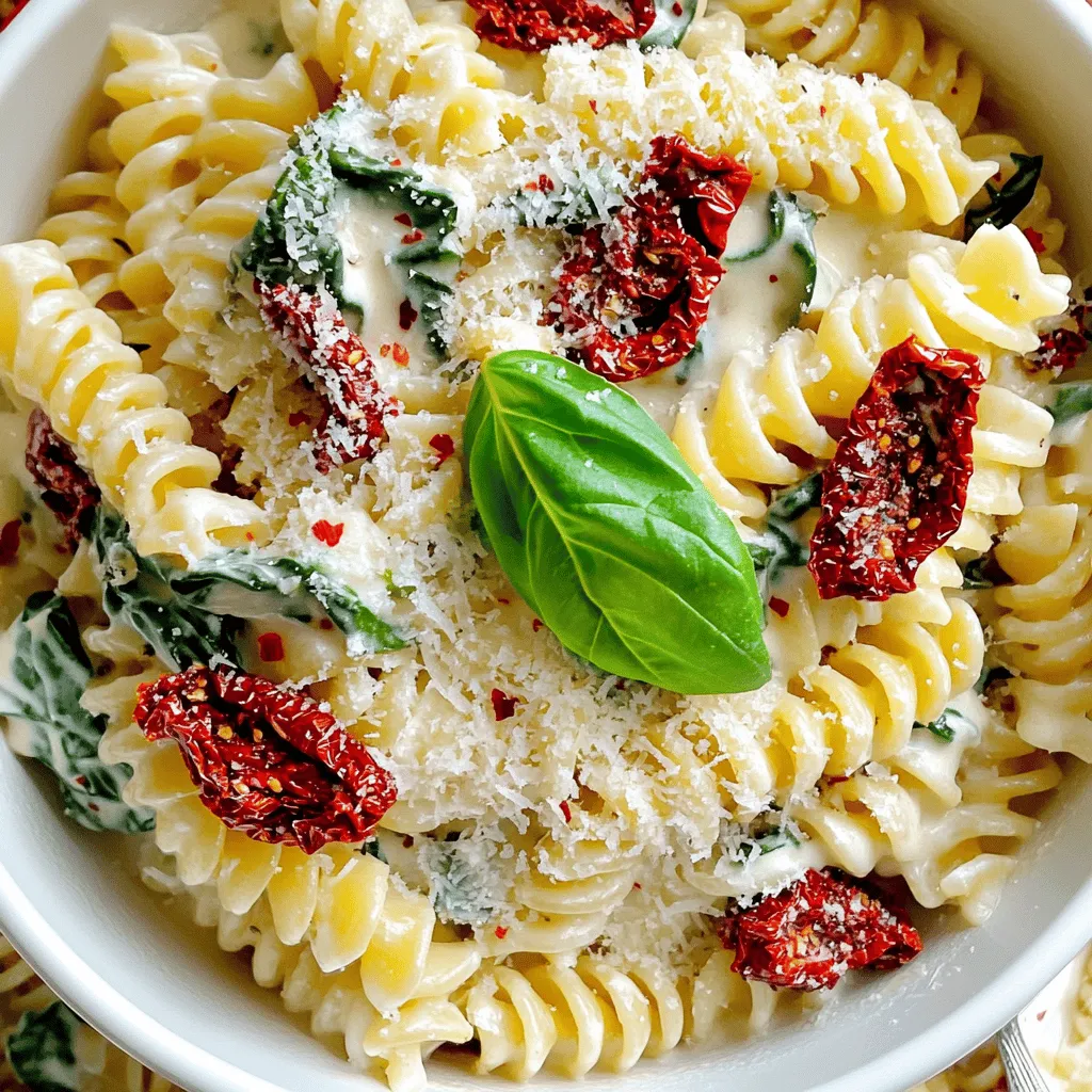 To make this tasty dish, you'll need the following: - 8 oz pasta of your choice (fusilli or penne works great) - 1 cup sun-dried tomatoes, chopped (oil-packed for extra flavor) - 2 cups fresh spinach - 1 cup heavy cream - 1/2 cup Parmesan cheese, grated - 2 garlic cloves, minced - 1 tablespoon olive oil - Salt and black pepper to taste - 1/2 teaspoon red pepper flakes (optional) - Fresh basil leaves for garnish