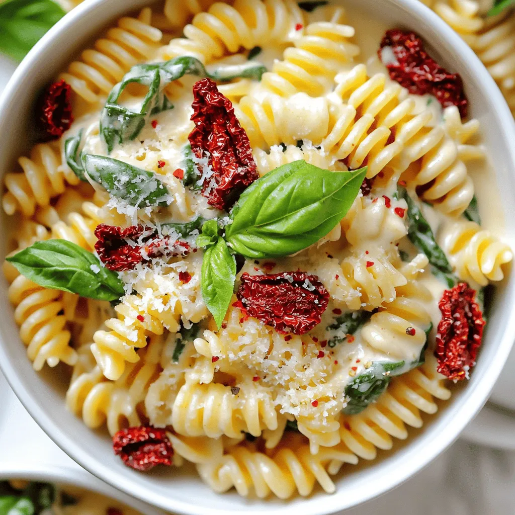 To make this tasty dish, you'll need the following: - 8 oz pasta of your choice (fusilli or penne works great) - 1 cup sun-dried tomatoes, chopped (oil-packed for extra flavor) - 2 cups fresh spinach - 1 cup heavy cream - 1/2 cup Parmesan cheese, grated - 2 garlic cloves, minced - 1 tablespoon olive oil - Salt and black pepper to taste - 1/2 teaspoon red pepper flakes (optional) - Fresh basil leaves for garnish