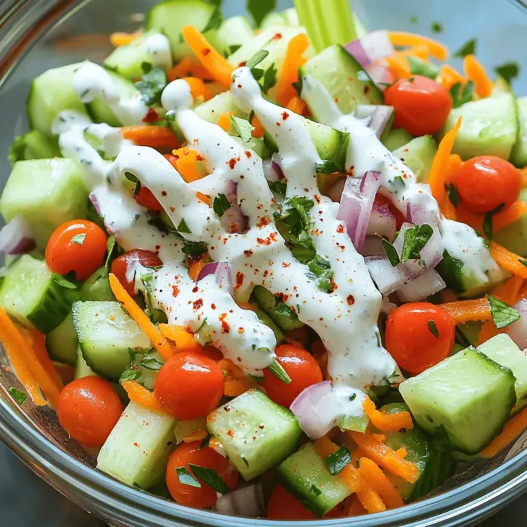 - Cucumber - Carrots - Celery - Red Onion - Cherry Tomatoes - Fresh Parsley - Greek Yogurt - Lemon Juice - Honey - Seasonings (Salt, Pepper, Crushed Red Pepper Flakes)