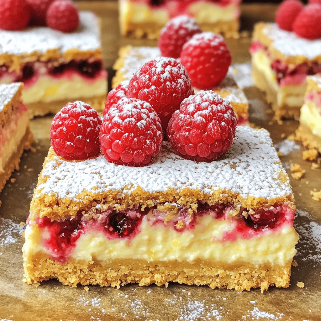 - 1 ½ cups graham cracker crumbs - ½ cup unsalted butter, melted - 2 tablespoons granulated sugar - 16 oz cream cheese, softened - 1 cup granulated sugar - 3 large eggs - Zest of 1 lemon - ½ cup fresh lemon juice - 1 teaspoon vanilla extract - 1 cup fresh raspberries (plus extra for garnish) - Powdered sugar for dusting (optional) When making raspberry lemon cheesecake bars, quality ingredients matter. Use fresh raspberries for the best flavor. The cream cheese should be soft for easy mixing. Room temperature eggs help create a smooth batter. You can also switch up some ingredients. For a graham cracker crust, you can use cookie crumbs like digestive biscuits. If you want a non-dairy option, look for vegan cream cheese. For sweeteners, consider using honey or maple syrup instead of sugar. Each ingredient plays a role in flavor and texture. The lemon juice adds a bright zing, while the raspberries bring a sweet, tart taste. The combination creates a refreshing balance, perfect for any dessert table. For the full recipe, check the main instructions above. First, set your oven to 350°F (175°C). This temperature helps the cheesecake bake evenly. Next, grab a 9x9-inch baking pan. Line it with parchment paper. Leave some paper hanging over the edges. This will help you lift the bars out later. In a medium bowl, mix 1 ½ cups of graham cracker crumbs, ½ cup of melted butter, and 2 tablespoons of sugar. Stir until everything blends well. Press this mixture into the bottom of your pan. Make sure the crust is even and firm. Bake it for 10 minutes. After baking, let it cool slightly. In a large bowl, take 16 oz of softened cream cheese. Use an electric mixer to beat it with 1 cup of sugar. Mix until it is creamy and smooth. Softened cream cheese is key here. It helps your filling become fluffy and light. Now, add 3 large eggs. Do this one at a time. Mix well after each egg. This step helps create a nice texture. Next, add the zest of 1 lemon, ½ cup of fresh lemon juice, and 1 teaspoon of vanilla extract. Mix until everything is combined. Carefully fold in 1 cup of fresh raspberries. Use a spatula for this. Be gentle to keep some whole berries intact. Evenly distribute them in the filling for a pretty look. Pour your cheesecake filling over the cooled crust. Spread it out evenly. Bake it for 30-35 minutes. The edges should set, while the center has a slight jiggle. This means it is done. Once baked, take the cheesecake out of the oven. Let it cool on the counter for about 30 minutes. Then, place it in the fridge. Chill for at least 4 hours or overnight for the best flavor. Lift the cheesecake from the pan using the parchment paper. Use a sharp knife to cut it into squares or bars. For a lovely touch, dust with powdered sugar and top with extra fresh raspberries. Enjoy your delicious creation! For the full recipe, check out the section above. One common mistake is overmixing the filling. This can make your cheesecake dense. Mix just until the ingredients blend smoothly. Another mistake is not cooling properly before chilling. If you skip this step, the cheesecake may crack. Let it cool on the countertop for about 30 minutes. Using quality mixing tools is key. A good electric mixer helps achieve a creamy texture. A sturdy baking pan is also important. I recommend a 9x9-inch pan for even baking. Parchment paper is a must for easy removal. To get the right texture, focus on consistency. The cream cheese should be soft and smooth. Let it sit at room temperature before mixing. Ingredient proportions matter too. Stick to the recipe for best results. Too much sugar can make it overly sweet. You want a balanced flavor, so follow the measurements closely. For more tips, check the Full Recipe for guidance on achieving the perfect Raspberry Lemon Cheesecake Bars. {{image_2}} You can switch up the berries in these bars. Try blueberries, strawberries, or blackberries for a new twist. Each berry brings its own unique taste, making it fun to experiment. You can mix different berries for a colorful and tasty treat. Citrus variations are also great. Use lime or orange juice instead of lemon juice. This changes the flavor profile and adds a fresh touch. A little zest from these fruits can enhance the taste even more. Plating these bars can be fun and creative. Serve them on a nice plate with fresh mint leaves for color. You can drizzle some berry sauce or chocolate sauce over the top. This adds a splash of flavor and makes for a pretty presentation. Pairing these bars with toppings can enhance the dessert. Try adding whipped cream or a scoop of vanilla ice cream. These toppings complement the tangy cheesecake and are crowd-pleasers. To make a gluten-free crust, use almond flour or gluten-free graham crackers. This way, everyone can enjoy these bars. Mix the almond flour with melted butter and sugar just like the regular crust. You may need to adjust the recipe slightly. Make sure to check your cream cheese and other ingredients for gluten-free labels. This ensures your cheesecake bars are safe for those with gluten sensitivities. To keep your Raspberry Lemon Cheesecake Bars fresh, store them in the fridge. Place the bars in an airtight container. This helps prevent them from drying out or absorbing other smells. If you do not have an airtight container, cover the dish tightly with plastic wrap. To store them long-term, you can freeze the cheesecake bars. First, let them cool completely. Then, cut the bars into squares. Wrap each piece in plastic wrap and place them in a freezer-safe bag. Make sure to remove as much air as possible. This helps to prevent freezer burn. When you want to enjoy them, take out the bars and let them thaw in the fridge overnight. Avoid thawing at room temperature, as this can change the texture. These cheesecake bars stay fresh in the fridge for about one week. If frozen, they can last up to three months. However, always check for signs of spoilage. Look for any off smells or discoloration. If the texture feels strange or grainy, it’s best to discard them. Enjoy your delicious Raspberry Lemon Cheesecake Bars! Yes, you can make these bars a day in advance. This can enhance the flavors. Just store them in the fridge until you serve them. They keep well for about three days. Look for the edges to be set and the center to have a slight jiggle. This slight movement means it will firm up as it cools. If it puffs up too much, it may overbake. You can use frozen raspberries if fresh ones aren’t available. Just thaw and drain them before using. You can also try blueberries or strawberries for a different flavor. Yes! Use vegan cream cheese and substitute eggs with flax eggs or applesauce. For the crust, ensure your graham crackers are vegan. This way, you can enjoy a plant-based treat. Yes, lime juice works well if you want a slight twist. You can also use a mix of lemon and lime juice for a zesty flavor. Just remember to adjust to your taste. Use a sharp knife and wipe it clean between cuts. This helps keep the edges neat. For perfect squares, score the bars lightly before cutting all the way through. Enjoy your bars! This blog post shared a delicious recipe for Raspberry Lemon Cheesecake Bars. You learned about important ingredients, substitutions, and detailed instructions for making them. The tips and tricks section helped avoid common mistakes. You can even try different flavors or store your bars for later enjoyment. I hope you feel ready to create this tasty dessert! Enjoy your baking adventure and impress your friends and family with your skills.