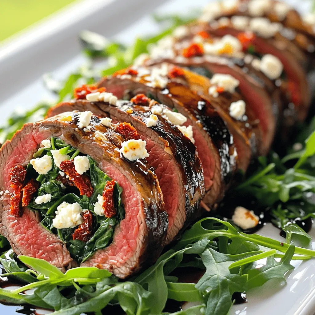 To make a great flank steak roulade recipe, you need the right ingredients. Start with 1½ pounds of flank steak. This cut is tender and full of flavor. Next, gather 1 cup of fresh spinach, chopped. Spinach adds a nice green touch and extra nutrients. You also need ½ cup of sun-dried tomatoes, finely chopped. These tomatoes give a sweet and tangy flavor. Don't forget ½ cup of crumbled feta cheese. Feta adds creaminess and a salty kick.