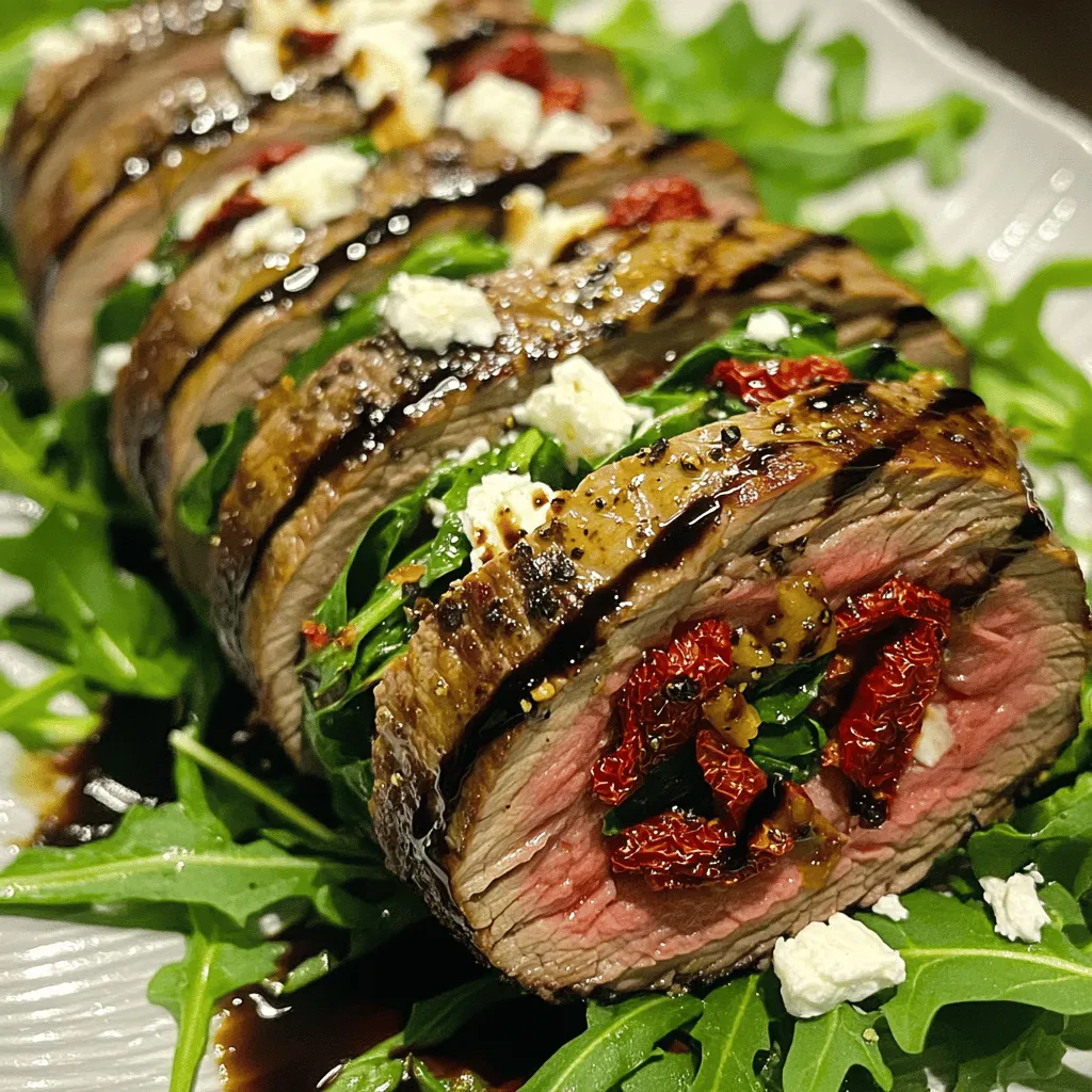 To make a great flank steak roulade recipe, you need the right ingredients. Start with 1½ pounds of flank steak. This cut is tender and full of flavor. Next, gather 1 cup of fresh spinach, chopped. Spinach adds a nice green touch and extra nutrients. You also need ½ cup of sun-dried tomatoes, finely chopped. These tomatoes give a sweet and tangy flavor. Don't forget ½ cup of crumbled feta cheese. Feta adds creaminess and a salty kick.