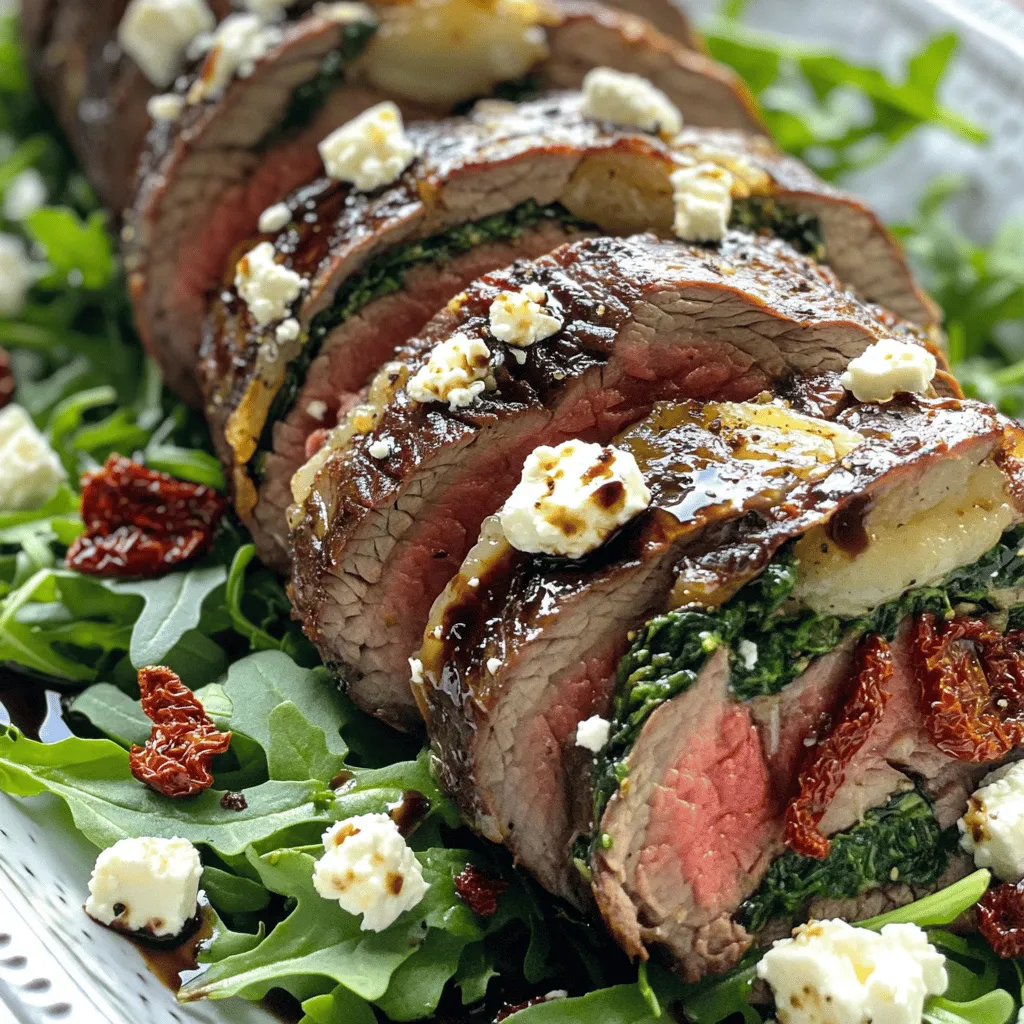 To make a great flank steak roulade recipe, you need the right ingredients. Start with 1½ pounds of flank steak. This cut is tender and full of flavor. Next, gather 1 cup of fresh spinach, chopped. Spinach adds a nice green touch and extra nutrients. You also need ½ cup of sun-dried tomatoes, finely chopped. These tomatoes give a sweet and tangy flavor. Don't forget ½ cup of crumbled feta cheese. Feta adds creaminess and a salty kick.