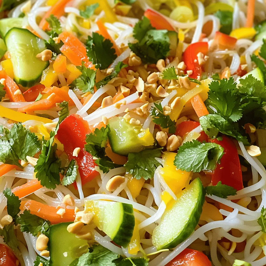 The key to a vibrant Quick Vietnamese Noodle Salad lies in fresh, colorful ingredients. Here’s what you need: - 200g rice noodles - 1 medium carrot, julienned - 1 cucumber, julienned - 1 bell pepper (red or yellow), sliced thin - 1 cup bean sprouts - 1 cup cilantro leaves, chopped - 1/4 cup mint leaves, chopped - 2 tablespoons crushed peanuts (for garnish) You can use different types of rice noodles for this dish. Thin rice vermicelli works best. These noodles soak up the flavors well. If you prefer thicker noodles, try flat rice noodles. Just be sure to adjust your cooking time. Always check the package for exact cooking times. Rinse them in cold water after cooking to keep them from sticking. Fresh herbs and vegetables make this salad pop. I love using cilantro and mint. They add a refreshing taste. You can also add basil for a unique twist. For vegetables, feel free to experiment. Radishes, snow peas, or green onions can add more crunch. The more colors you add, the more appealing the salad looks. This variety makes each bite exciting. For the full recipe, check out the details above. To start, you need to prepare the rice noodles. First, bring a pot of water to a boil. Once the water is boiling, add 200g of rice noodles. Cook them according to the package instructions, which is usually about 4 to 5 minutes. After the noodles are cooked, drain them and rinse them under cold water. This stops the cooking process and keeps the noodles from getting sticky. Set them aside in a bowl. Next, let’s make the dressing. In a small bowl, combine 3 tablespoons of fish sauce, 2 tablespoons of lime juice, and 1 tablespoon of brown sugar. Add 1 small minced garlic clove and 1 finely chopped red chili if you like some heat. Whisk these ingredients together until the sugar dissolves. This dressing brings bright flavors to the salad. Now it’s time to mix everything together. In a large mixing bowl, add your prepared noodles. Then, toss in the julienned carrot, cucumber, sliced bell pepper, and 1 cup of bean sprouts. Pour the dressing over the top and toss well. Make sure all the noodles and vegetables are coated with the dressing. Finally, gently fold in 1 cup of chopped cilantro and 1/4 cup of chopped mint leaves. Reserve a bit of each for garnish. Serve the salad in a bowl or on a platter, and sprinkle 2 tablespoons of crushed peanuts on top. Enjoy your fresh and flavorful dish! For the full recipe, refer to the earlier section. To cook rice noodles well, start with boiling water. Add the noodles and cook them for about 4 to 5 minutes. Stir them a bit to prevent sticking. Drain the noodles and rinse them under cold water. This stops the cooking and keeps them from getting mushy. If you want a firmer bite, cook them for just 3 minutes. Soak the noodles for another minute if you want them softer. For the dressing, balance is key. Use fish sauce for salt and flavor. Lime juice adds freshness, while brown sugar gives a touch of sweetness. Mince the garlic finely to spread its flavor well. If you like heat, add finely chopped chili. Whisk the ingredients until the sugar dissolves. This dressing brings the salad to life. To make your salad look great, use a large bowl. Start with a base of colorful vegetables. Add the noodles in the center. Sprinkle crushed peanuts on top for crunch. Finish with fresh herbs like cilantro and mint. You can also arrange the salad on individual plates for a nice touch. A splash of lime juice right before serving adds an extra zing. For the full recipe, check out the details above. {{image_2}} You can easily make this salad vegetarian or vegan. Simply swap the fish sauce for soy sauce or tamari. Both options add great flavor. You can also add more vegetables. Try adding sliced radishes or shredded cabbage. These will give the salad extra crunch and color. For a heartier meal, add protein. Grilled chicken, shrimp, or beef work well. If you prefer plant-based sources, try tofu or edamame. Marinate them in the same dressing for added flavor. This way, every bite is packed with taste and nutrition. You can mix up the flavors with some creative twists. Add a splash of sesame oil to the dressing for depth. You can also include fresh lime zest for brightness. If you like heat, add more chili or some chili oil. These small changes make the salad unique and exciting. For the full recipe, check the section above. Enjoy customizing your Quick Vietnamese Noodle Salad! To store leftover Vietnamese noodle salad, place it in an airtight container. Keep it in the fridge for up to three days. Make sure to separate any toppings, like crushed peanuts, to keep them crunchy. When you are ready to eat, you can mix them back in. I recommend not reheating the noodle salad. The fresh veggies taste best cold. If you must warm it, use a microwave for about 30 seconds. Stir gently to avoid sogginess. Always check the temperature before eating. Meal prep is a great way to save time. You can cook the rice noodles ahead of time and store them in the fridge. Chop your veggies and herbs in advance, keeping them in separate containers. The dressing can also be made ahead. Just mix it right before serving to keep everything fresh. This way, you can enjoy a quick and flavorful meal anytime! Yes, you can! This salad tastes great when made ahead. Prepare the noodles and dressing. Store them separately in the fridge. Keep the fresh veggies and herbs in a container. When ready to eat, just mix everything together. The flavors will meld, creating a tasty dish. If you can't use fish sauce, try soy sauce. It gives a similar umami flavor. For a vegan option, use a mix of soy sauce and a bit of lime juice. This combination adds depth and brightness to your dressing. To keep your salad fresh, store it in an airtight container. Avoid adding the dressing until you're ready to eat. This keeps the noodles and veggies crisp. You can also place a paper towel in the container to absorb excess moisture. Enjoy your Quick Vietnamese Noodle Salad at its best! You learned how to make a tasty Quick Vietnamese Noodle Salad. We covered essential ingredients, like rice noodles and fresh herbs. I shared easy steps to prepare, dress, and mix your salad. You also found tips for perfect noodles and vibrant flavors. Variations like vegan options let you customize it. Storage tips help keep your salad fresh. Now it’s time to enjoy this light and fresh dish anytime you want!